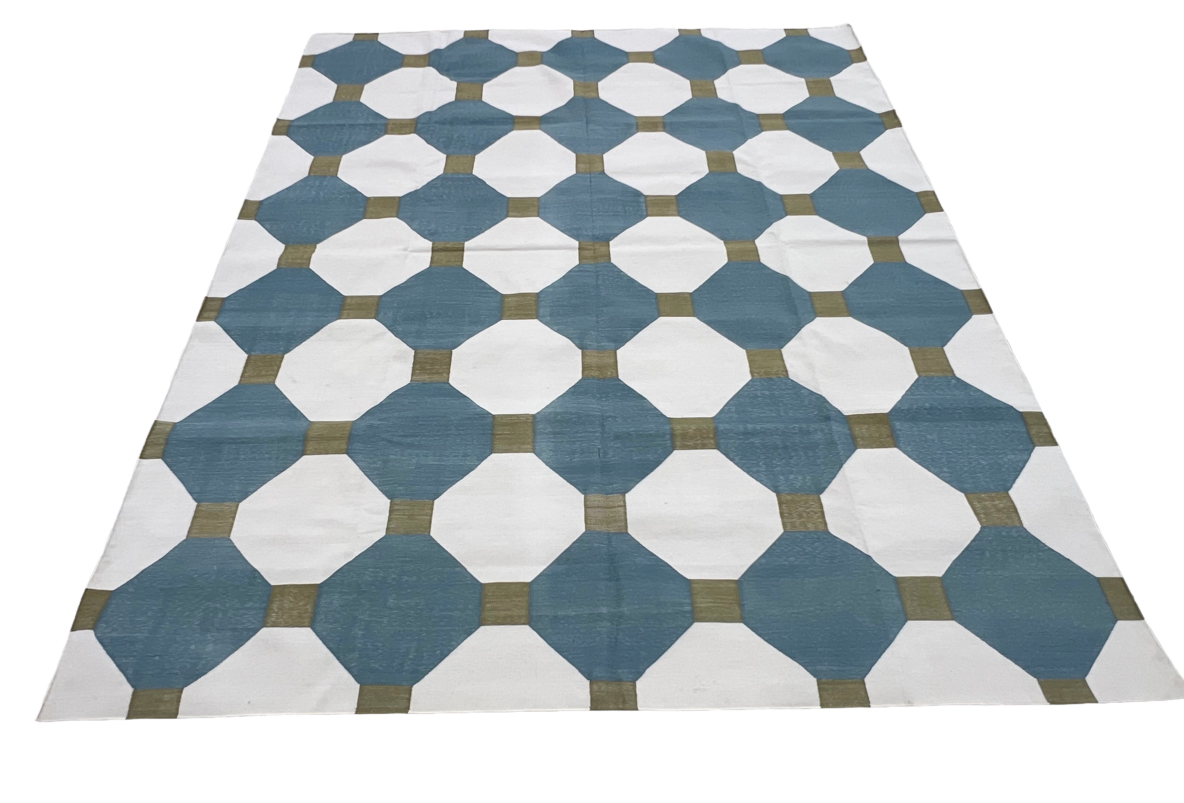 Modern Handmade Cotton Teal Blue, Cream And Olive Green Tile Area Rug-6842