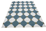Modern Handmade Cotton Teal Blue, Cream And Olive Green Tile Area Rug-6842
