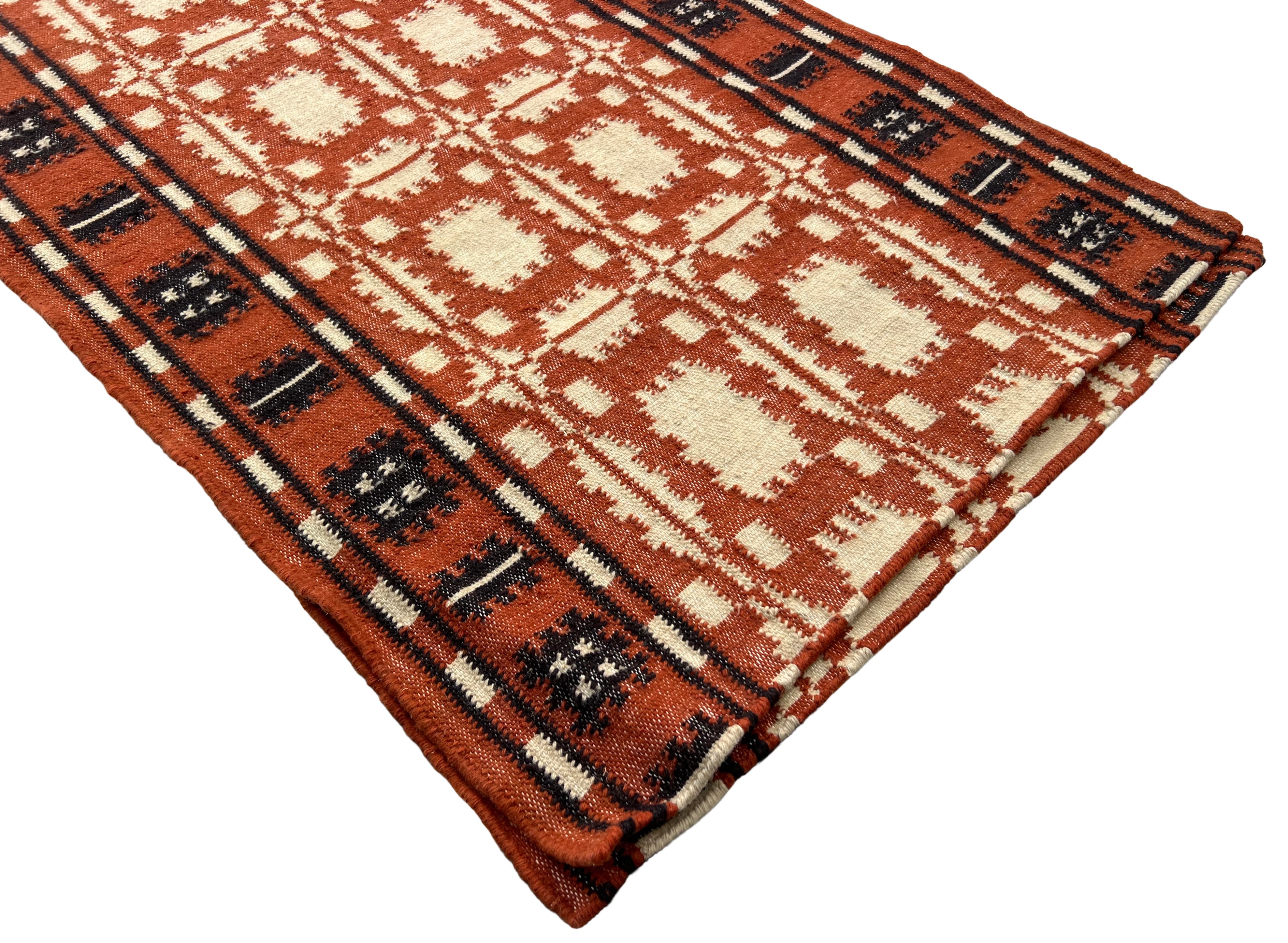 New Zealand Wool Cream, Terracotta And Brown 2.5x21.5 feet Geometric Runner