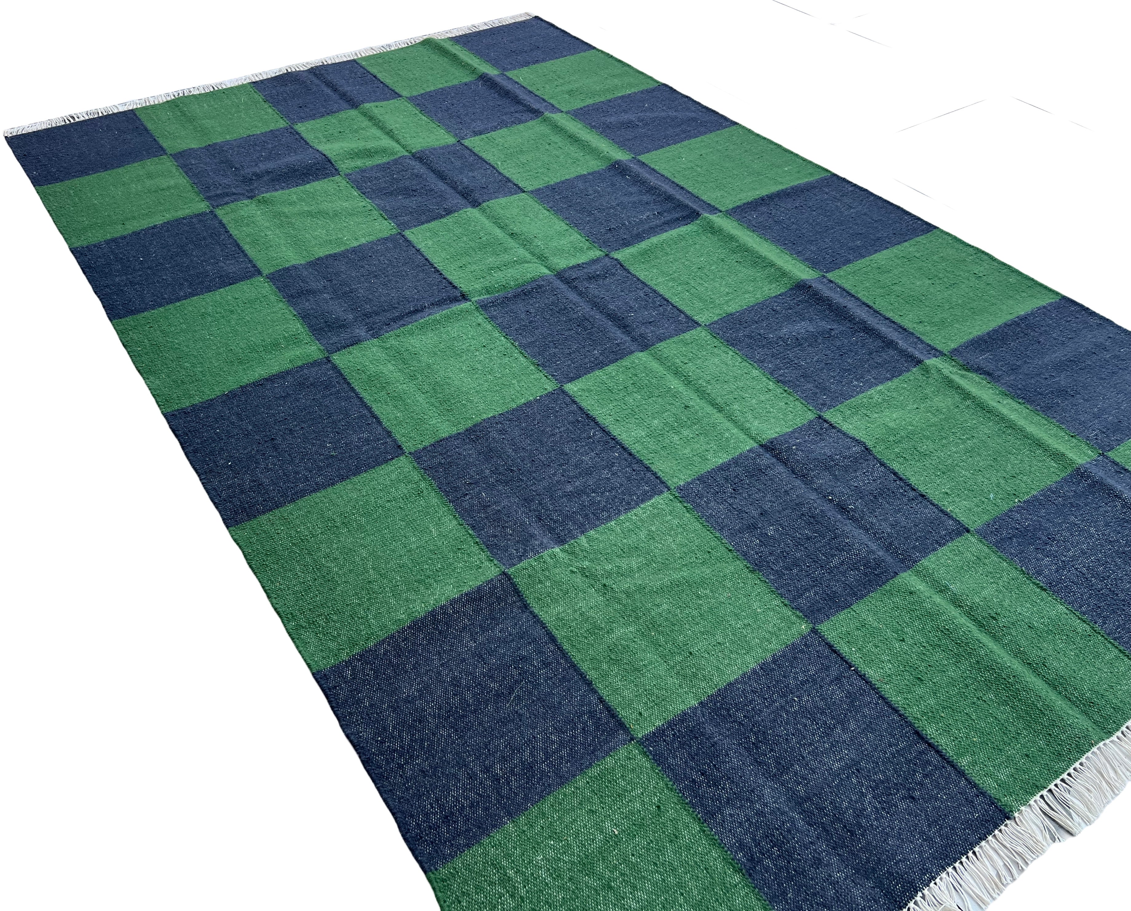 Modern Handmade New Zealand Wool Forest Green And Greyish Blue Checker Board Area Rug-6827