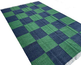 Modern Handmade New Zealand Wool Forest Green And Greyish Blue Checker Board Area Rug-6827