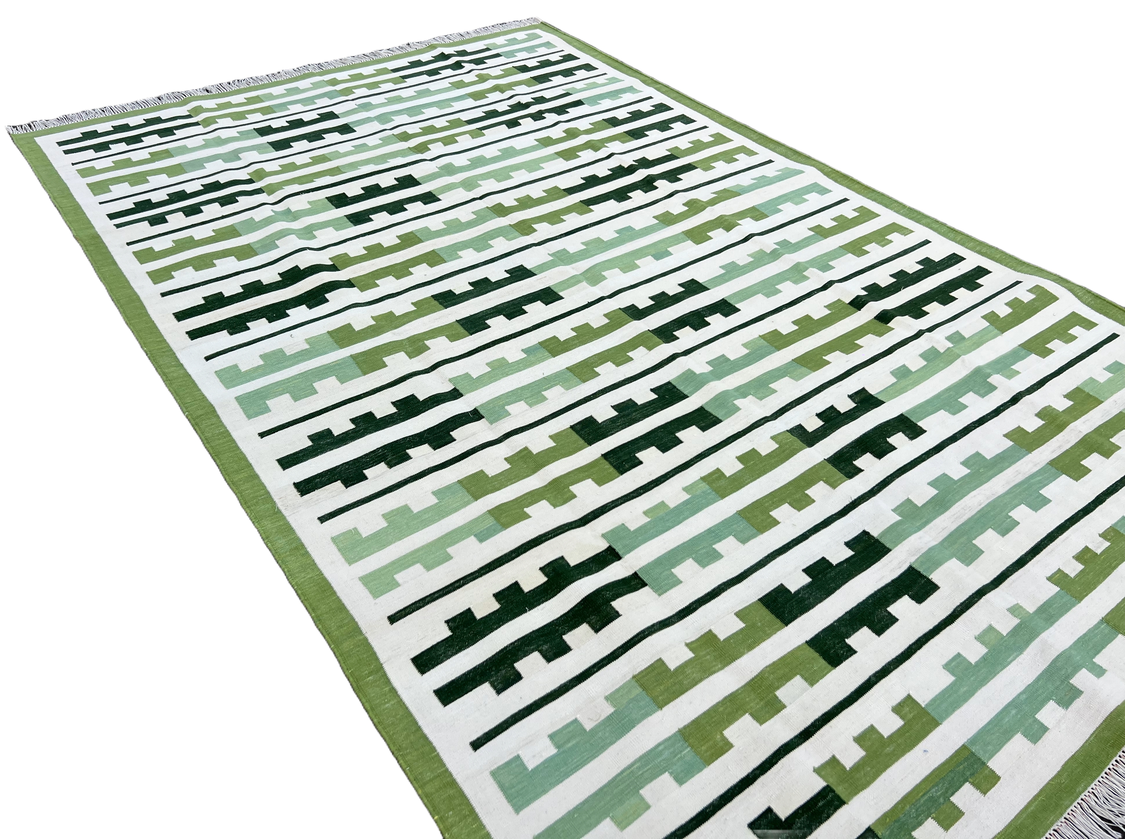 Modern Handmade Cotton Green And Cream Marianne Striped Rug-6757