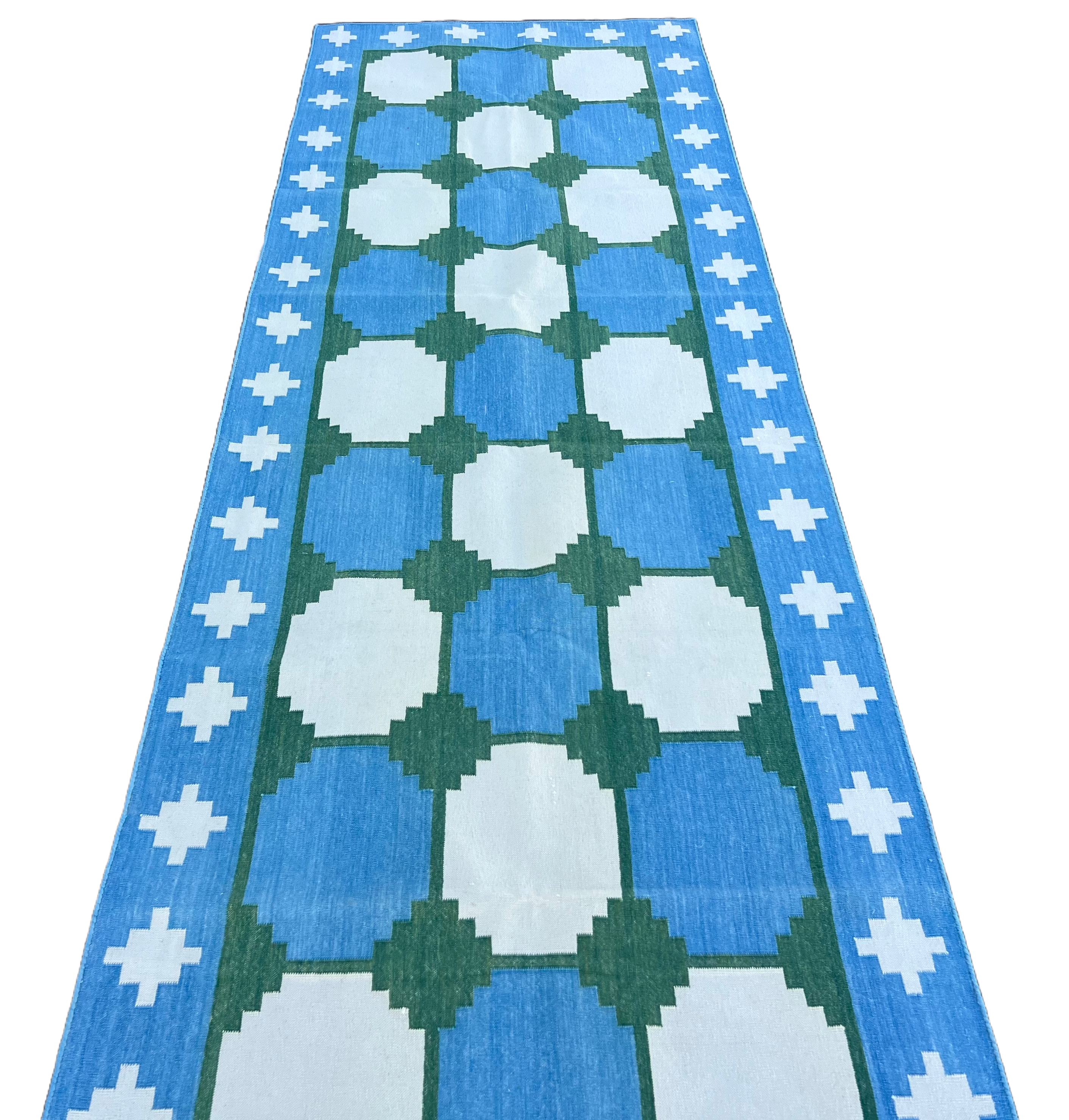 Modern Handmade Cotton Sky Blue, Cream And Green Tile Swedish Runner-6561