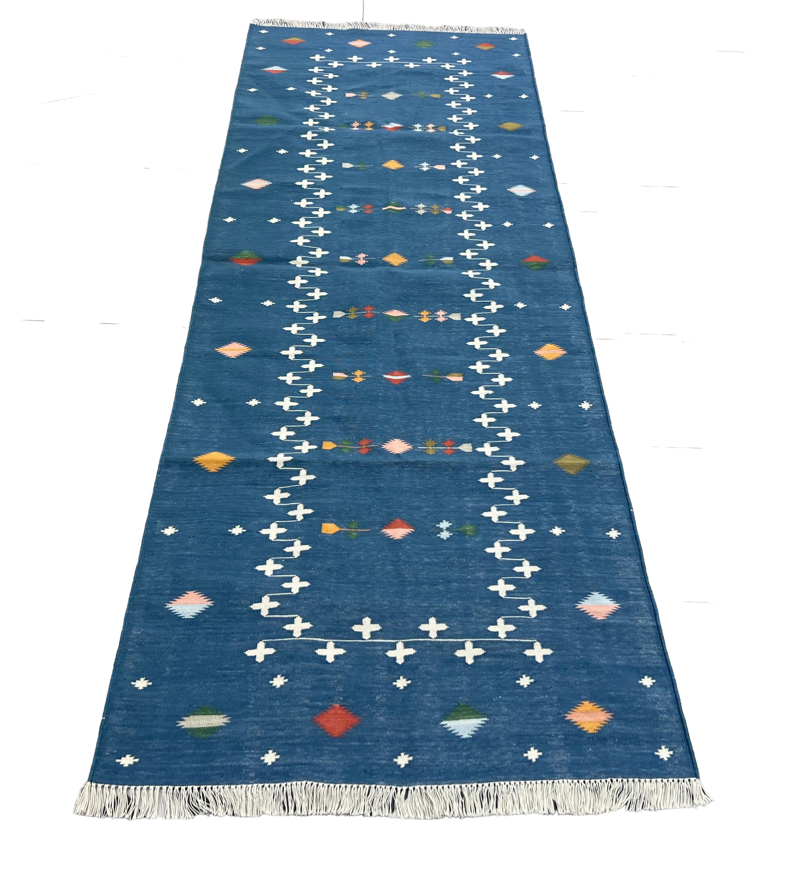Modern Handmade Cotton Indigo Blue Shooting Star Dhurrie Runner-6815