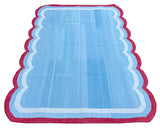 Modern Handmade Cotton Sky Blue, Cream and Red Scalloped Rug-9660