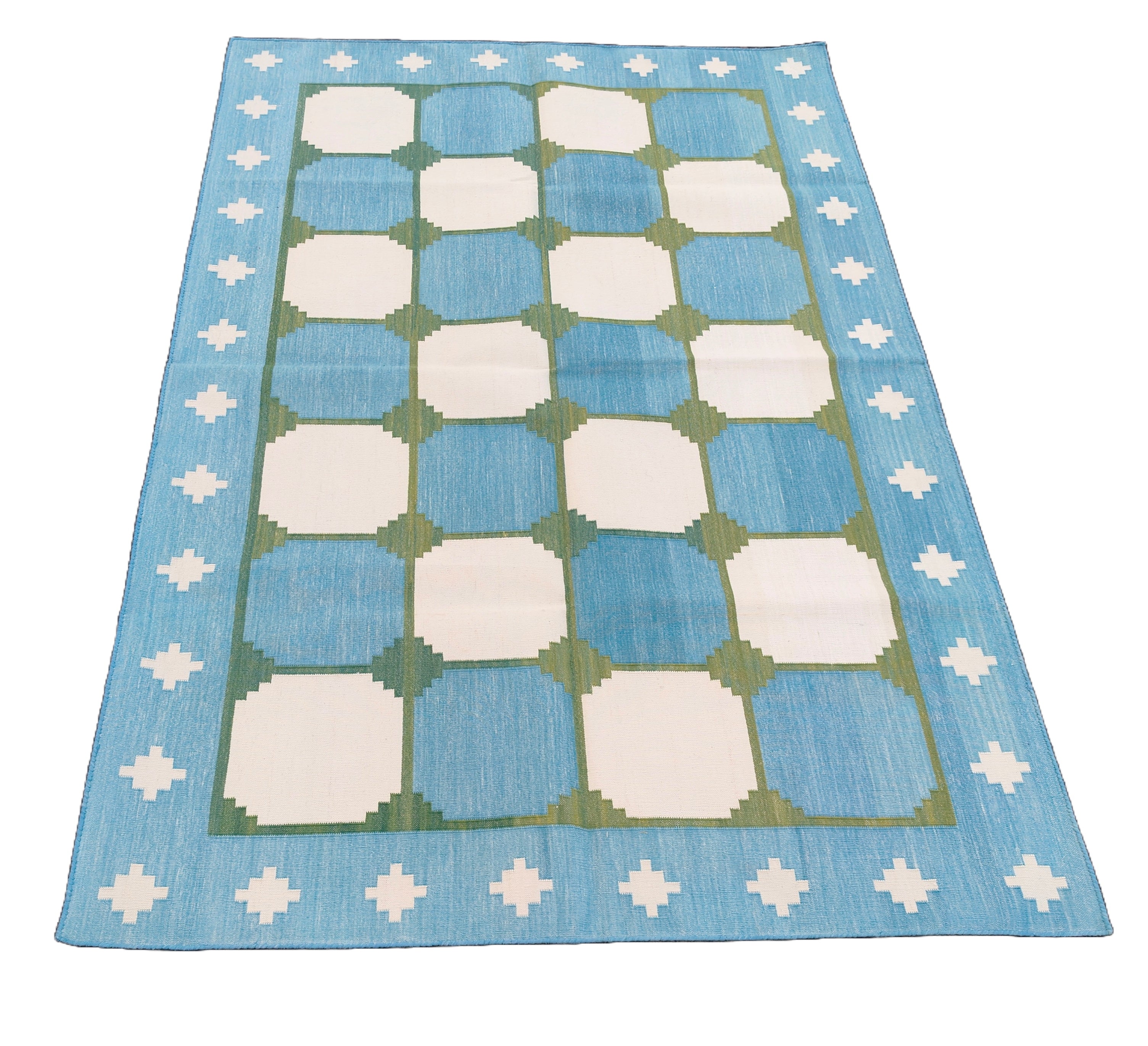 Modern Handmade Cotton Rug, 4x6 Sky Blue And Green Tile Swedish Rug-6782