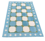 Modern Handmade Cotton Rug, 4x6 Sky Blue And Green Tile Swedish Rug-6782