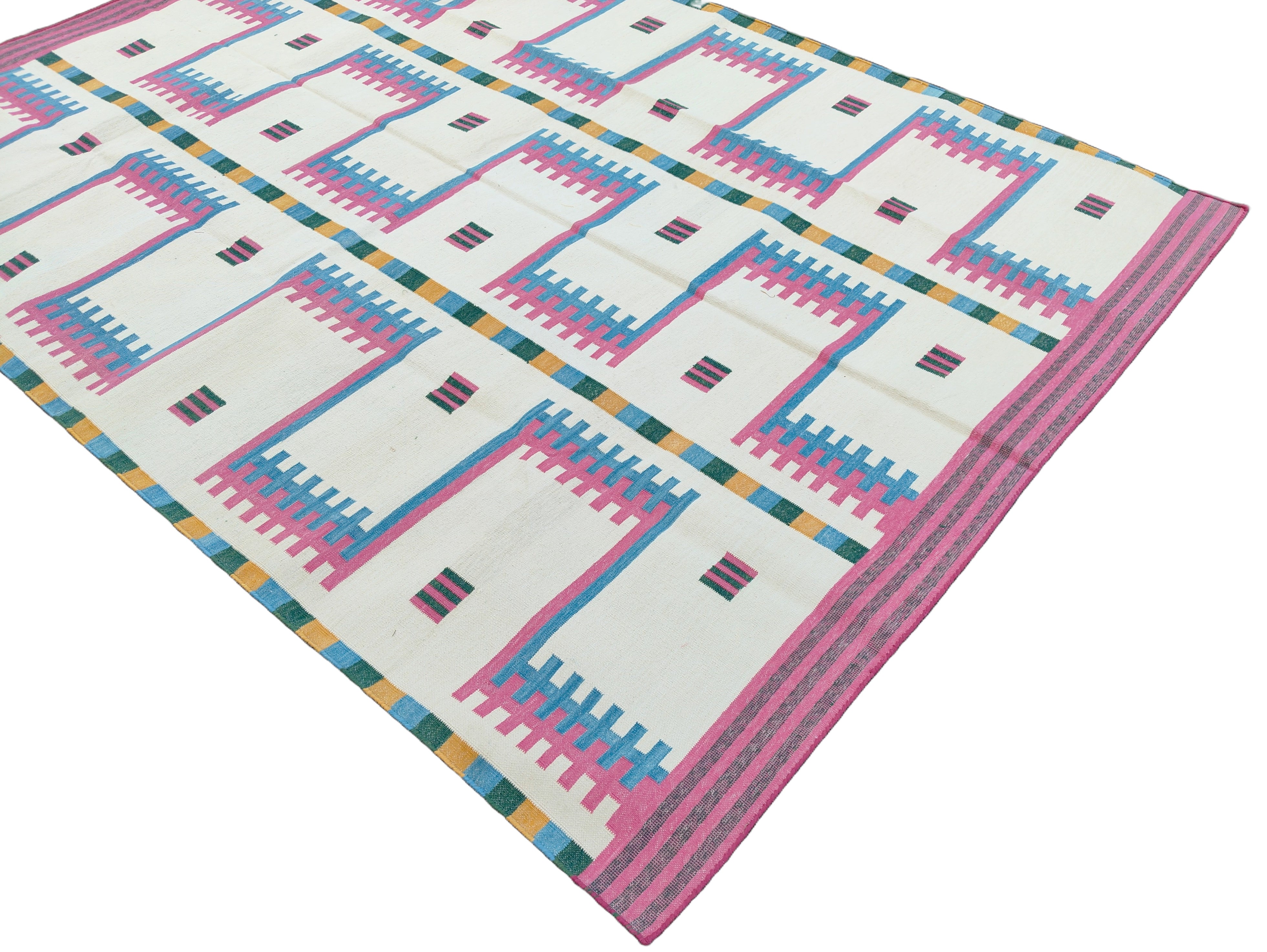 Modern Handmade Cotton Rug, 5x7 Pink And Cream Geometric Rug-6781