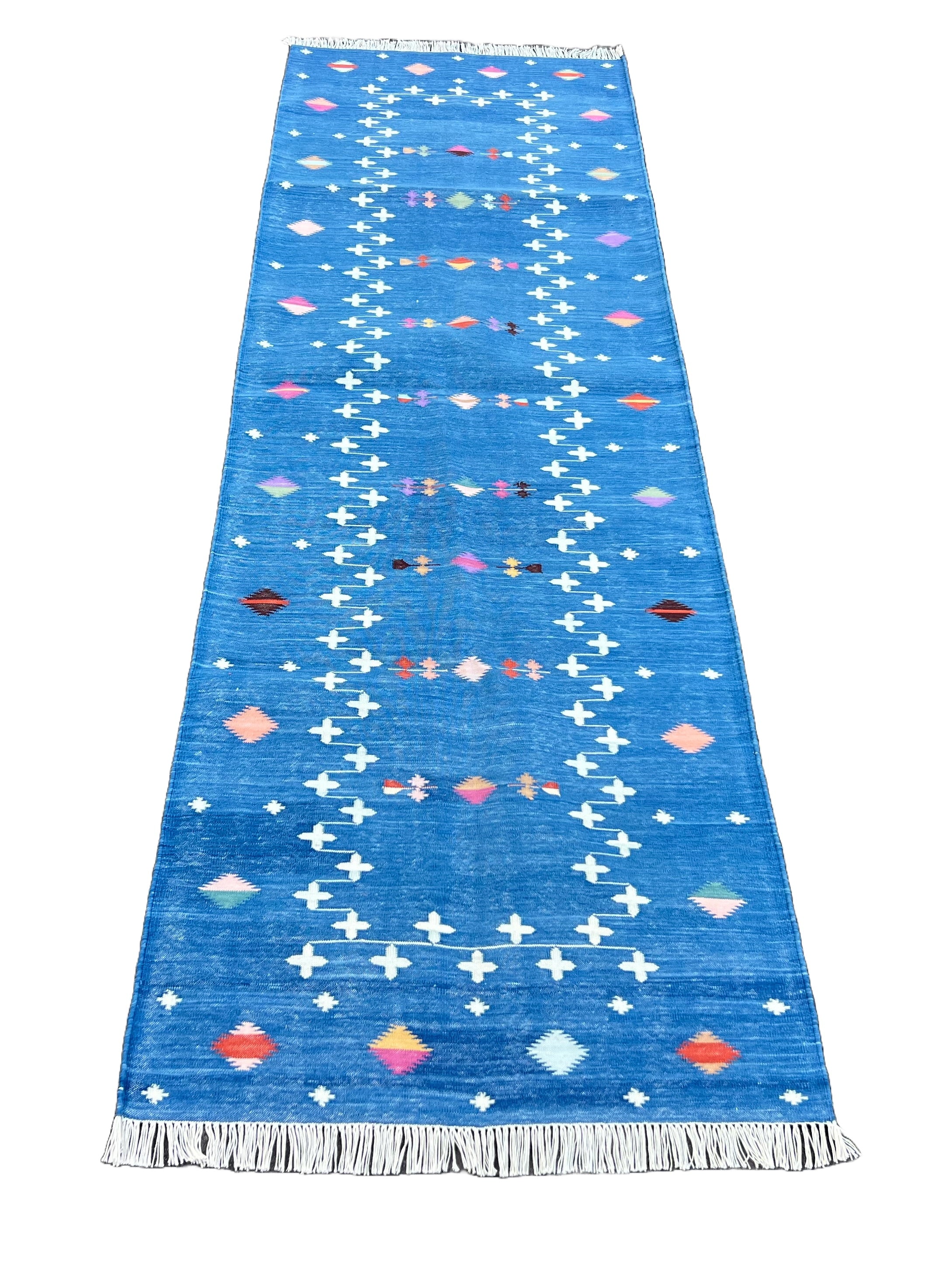 Modern Handmade Cotton Indigo Blue Shooting Star Dhurrie Runner-6772