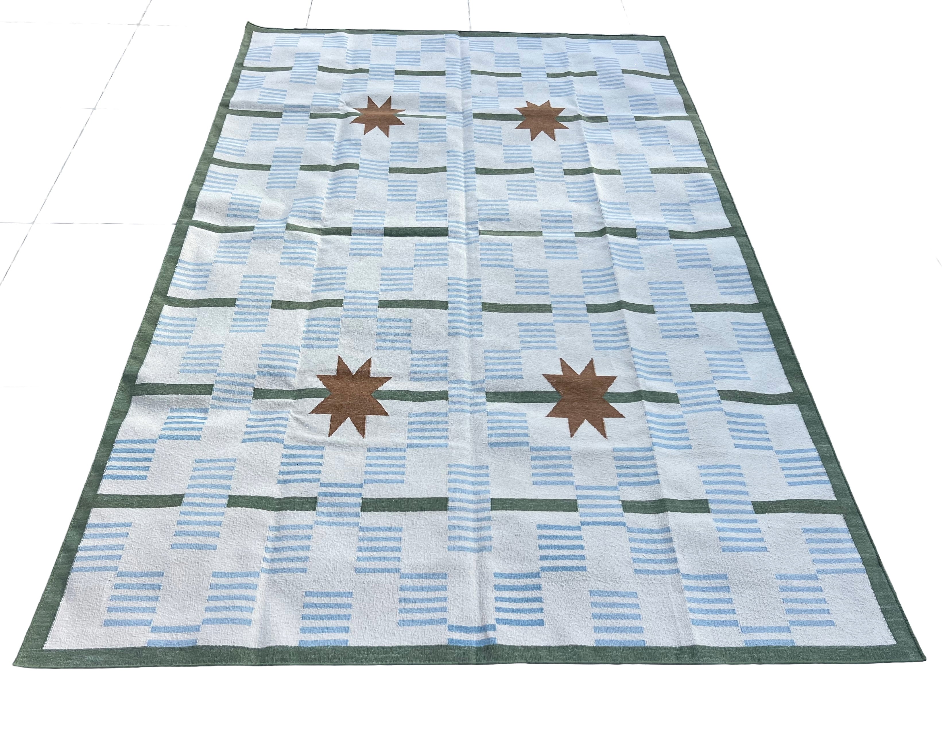 Modern Handmade Cotton Rug, 5'x8' Sky Blue, Sage Green And Cream Star And Dash Striped Rug-6811