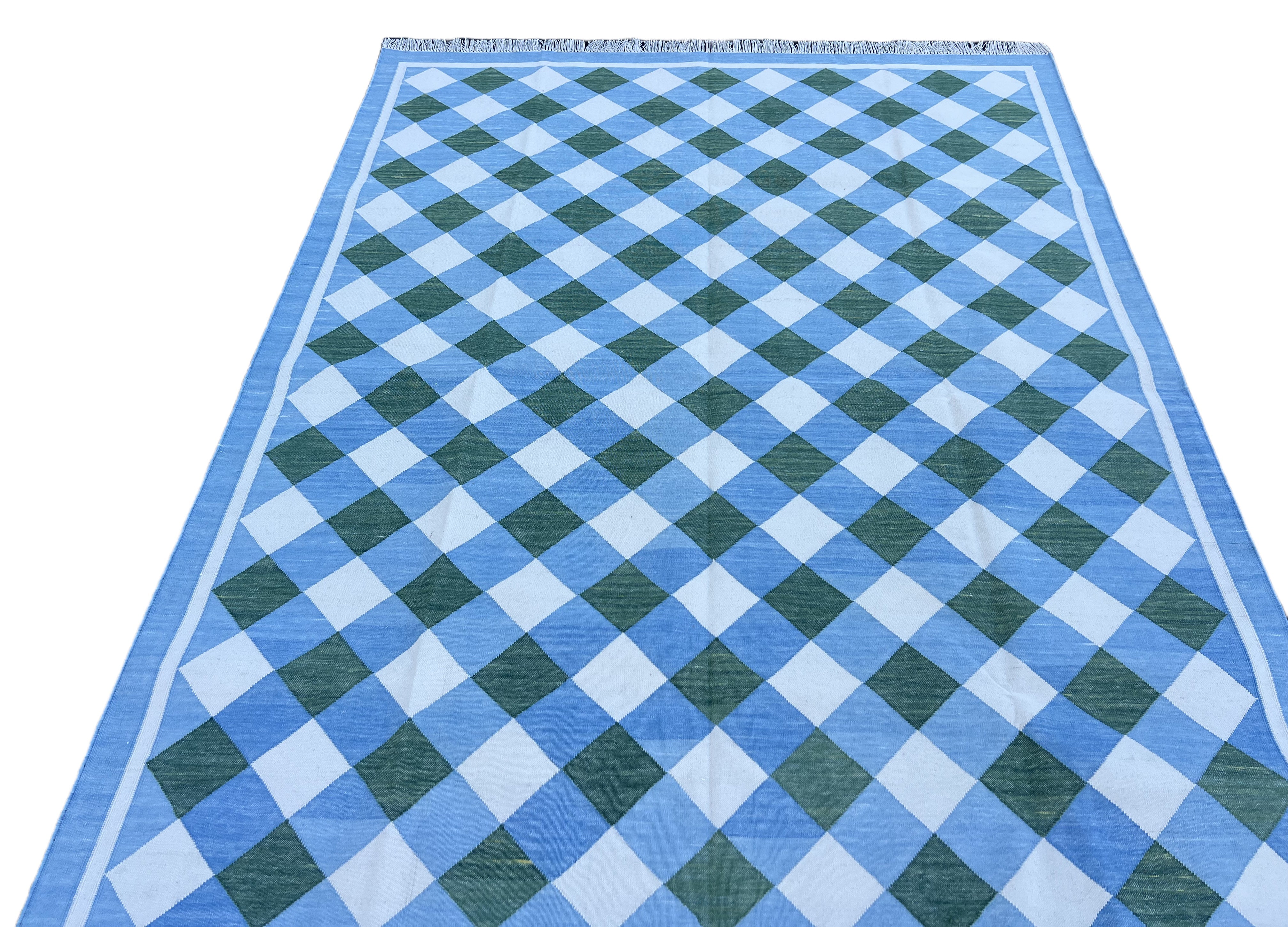 Modern Handmade Cotton Sky Blue, Cream And Forest Green Checked Rug-6760