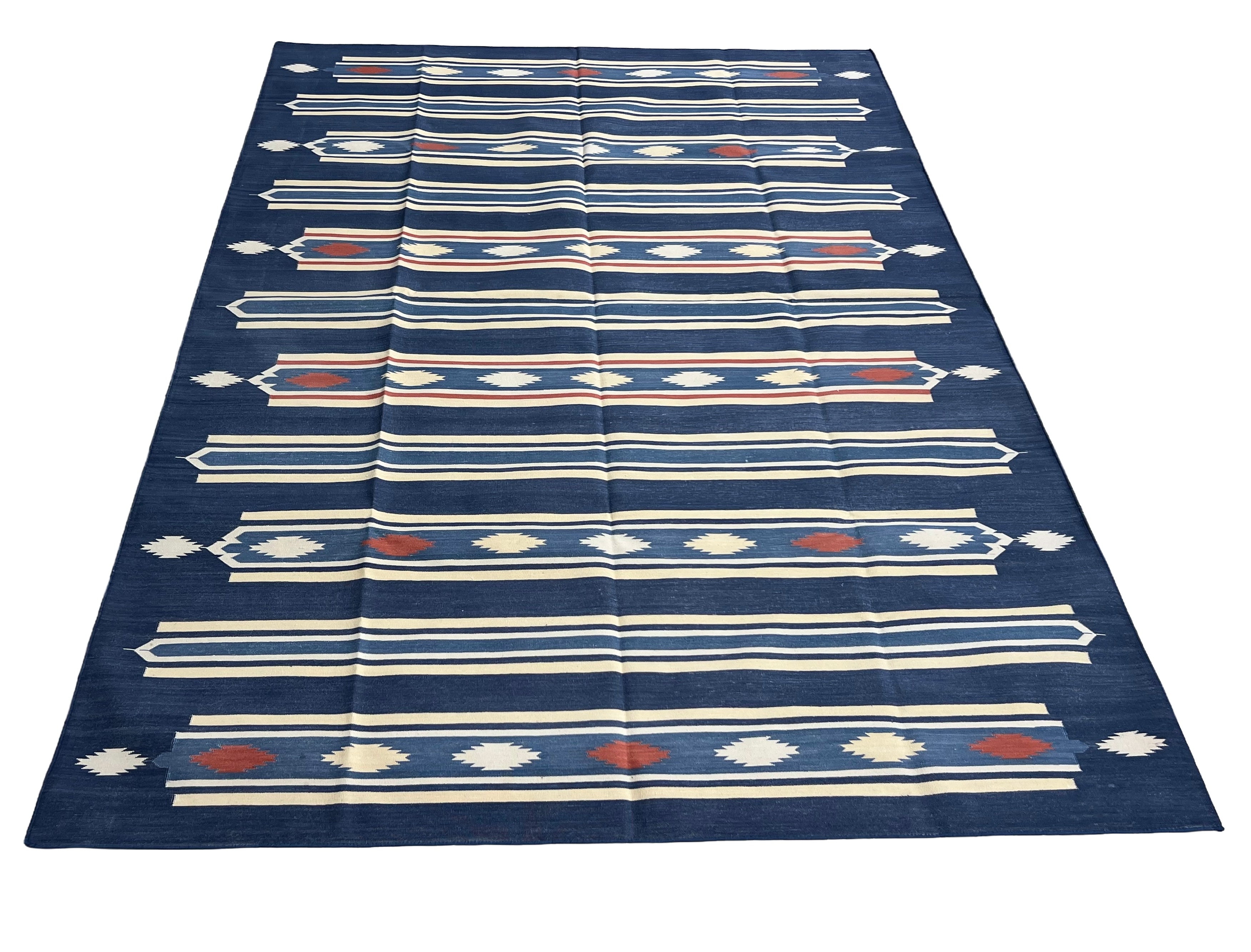 Modern Handmade Cotton Indigo Blue, Cream And Terracotta Diamond Striped Area Rug-6829