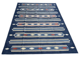 Modern Handmade Cotton Indigo Blue, Cream And Terracotta Diamond Striped Area Rug-6829