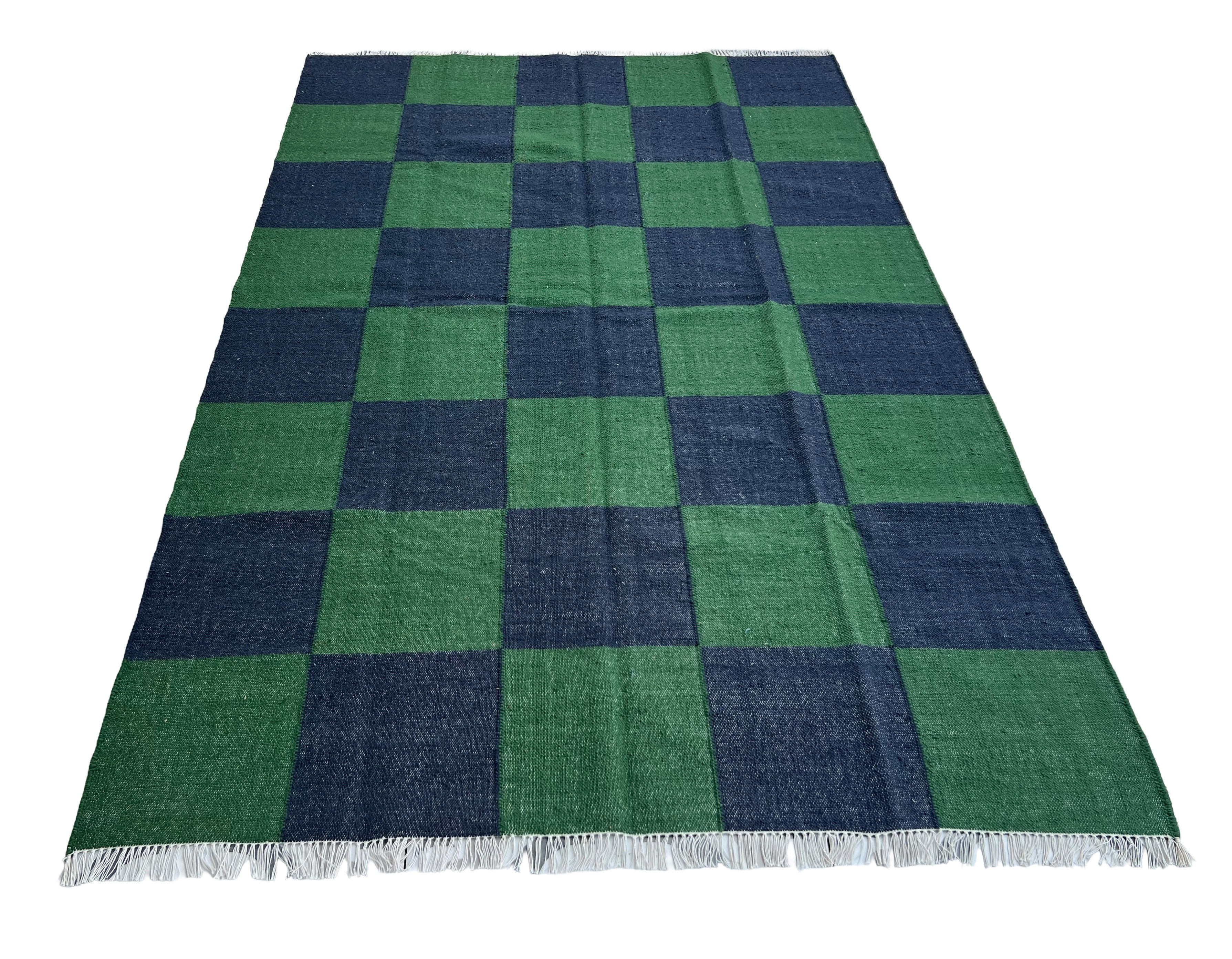 Modern Handmade New Zealand Wool Forest Green And Greyish Blue Checker Board Area Rug-6827