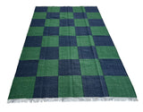 Modern Handmade New Zealand Wool Forest Green And Greyish Blue Checker Board Area Rug-6827