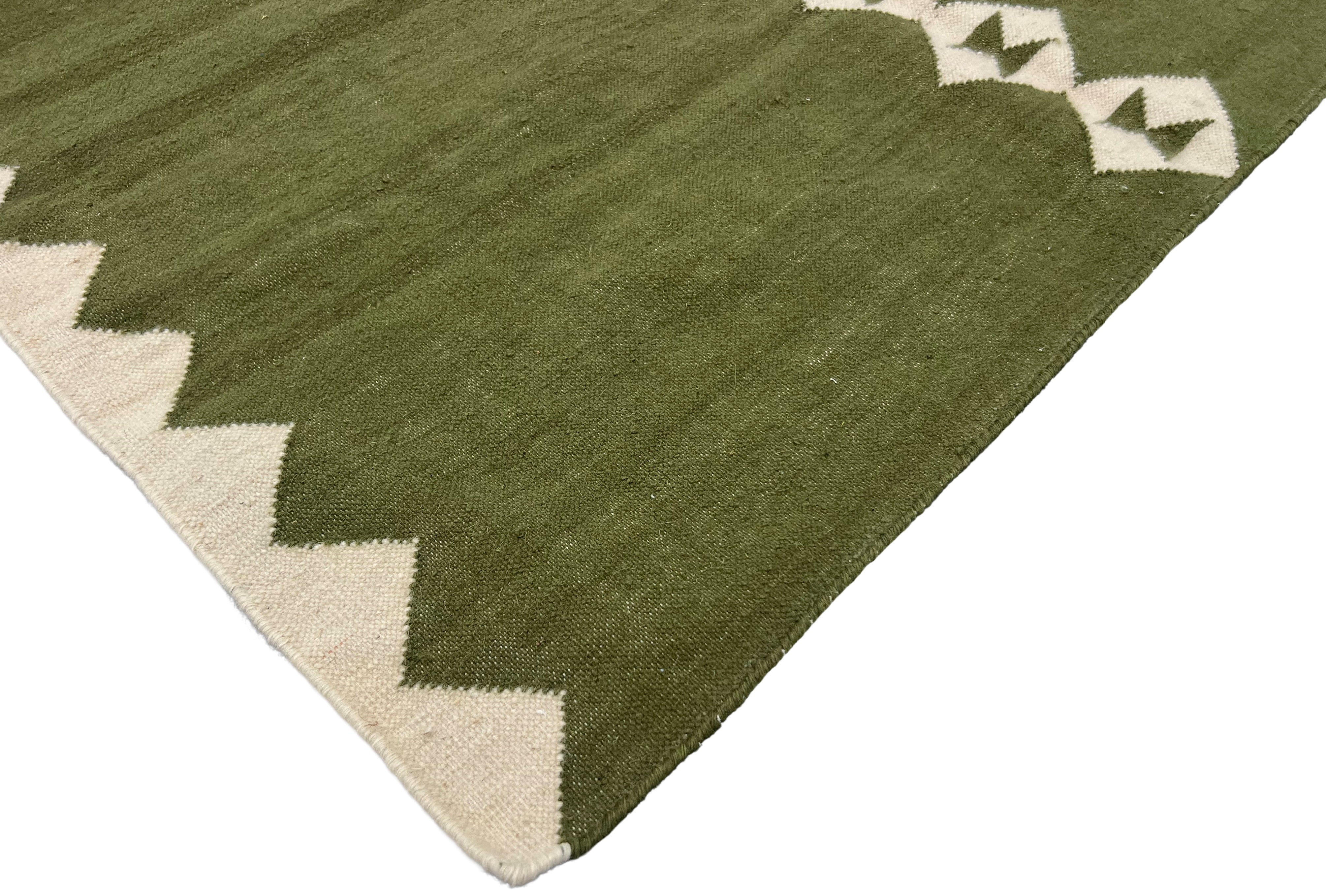 Modern Handmade New Zealand Wool Olive Green And Cream Diamond Runner-6841