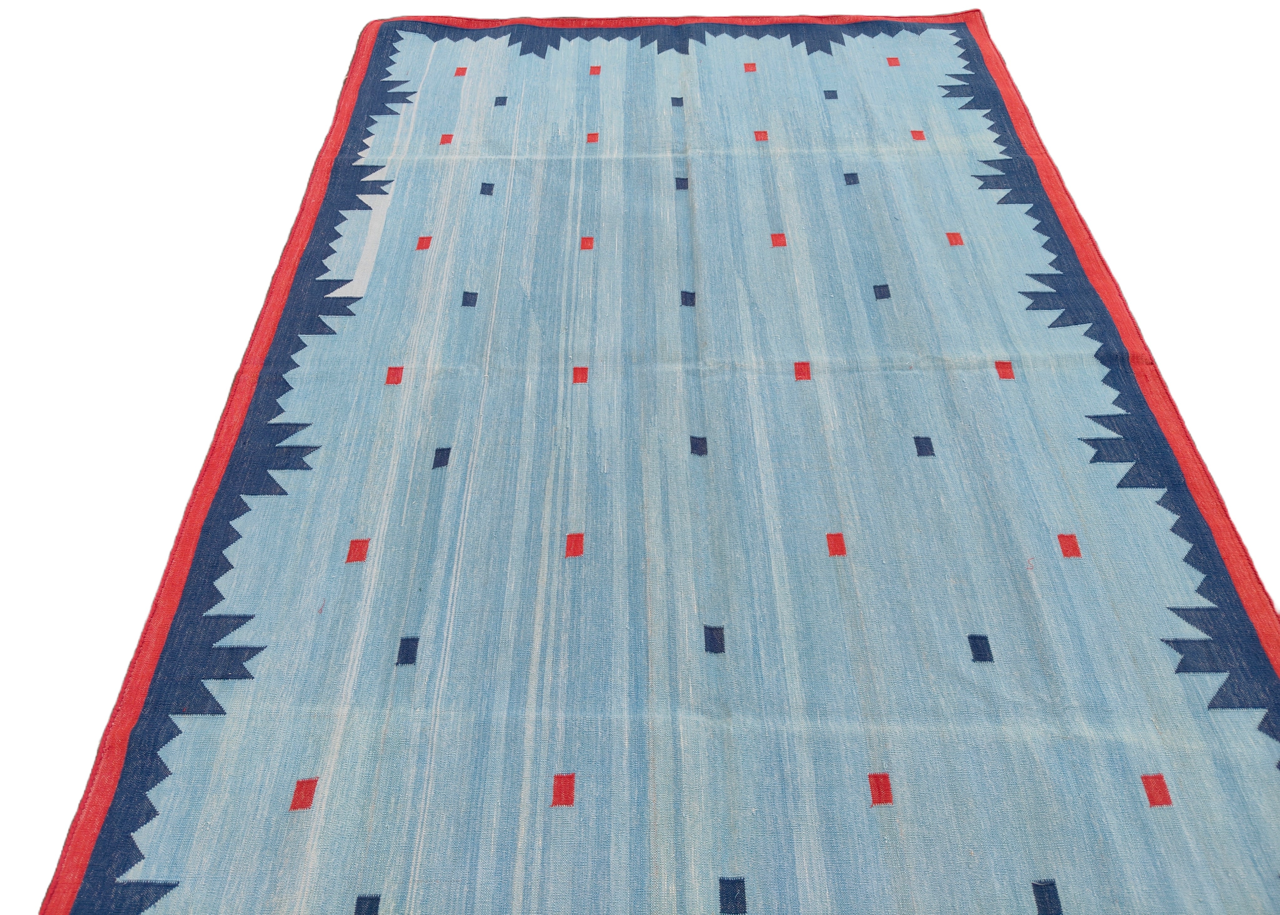 Modern Handmade Cotton Rug, 5x8 Sky And Navy Blue Red Border Geometric Diamond Rug-6775