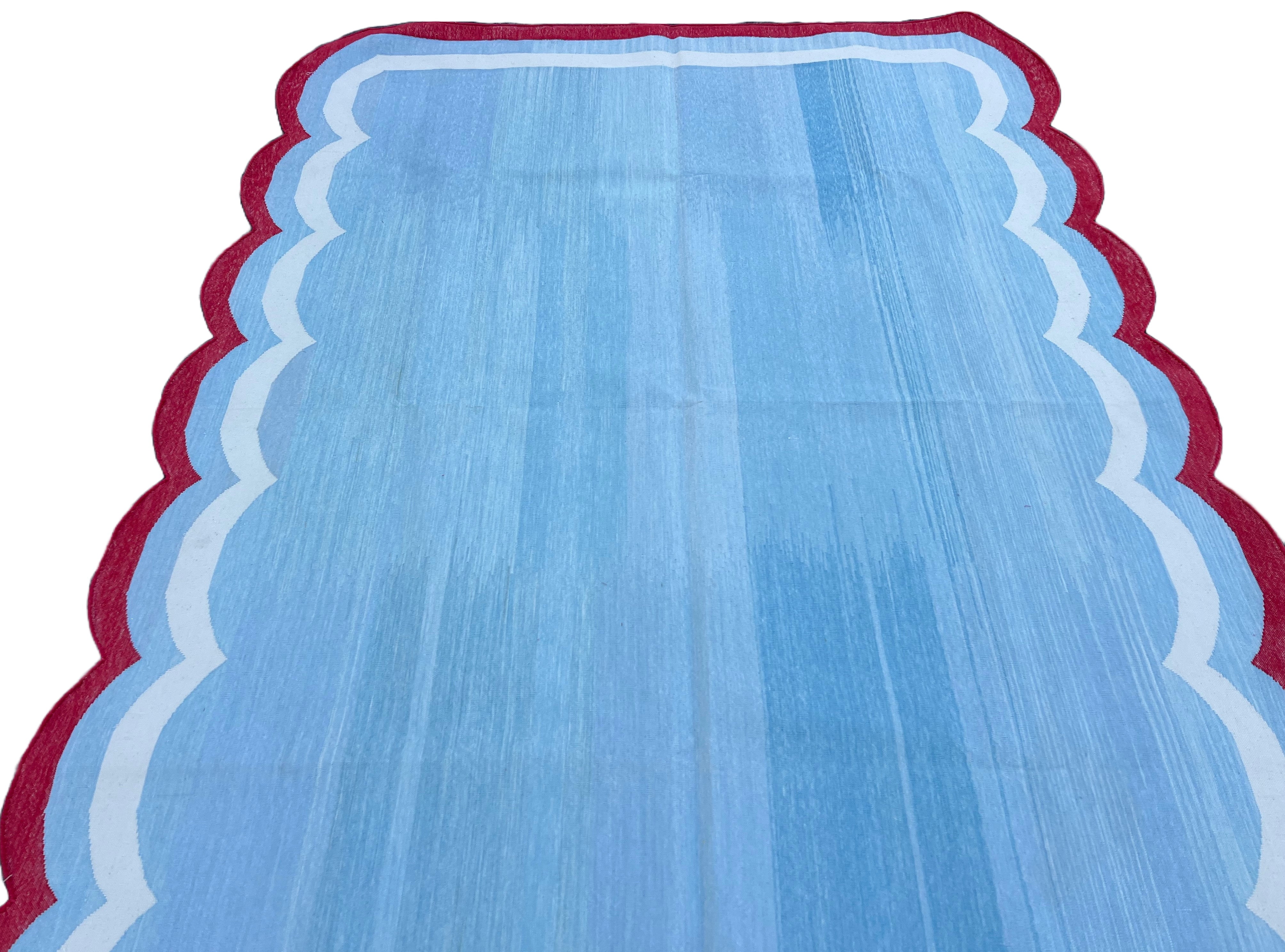 Modern Handmade Cotton Sky Blue, Cream and Red Scalloped Rug-9660