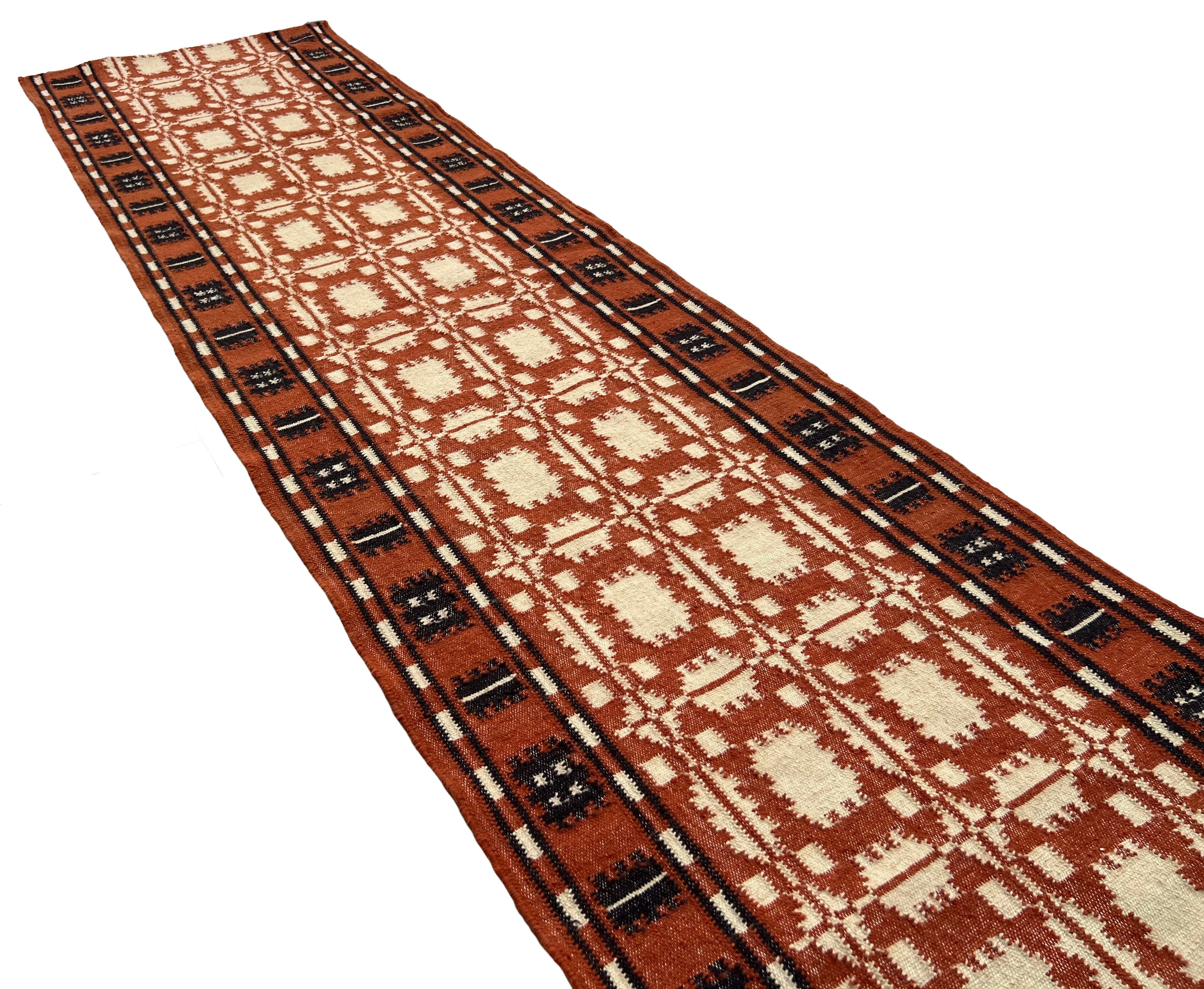 New Zealand Wool Cream, Terracotta And Brown 2.5x21.5 feet Geometric Runner