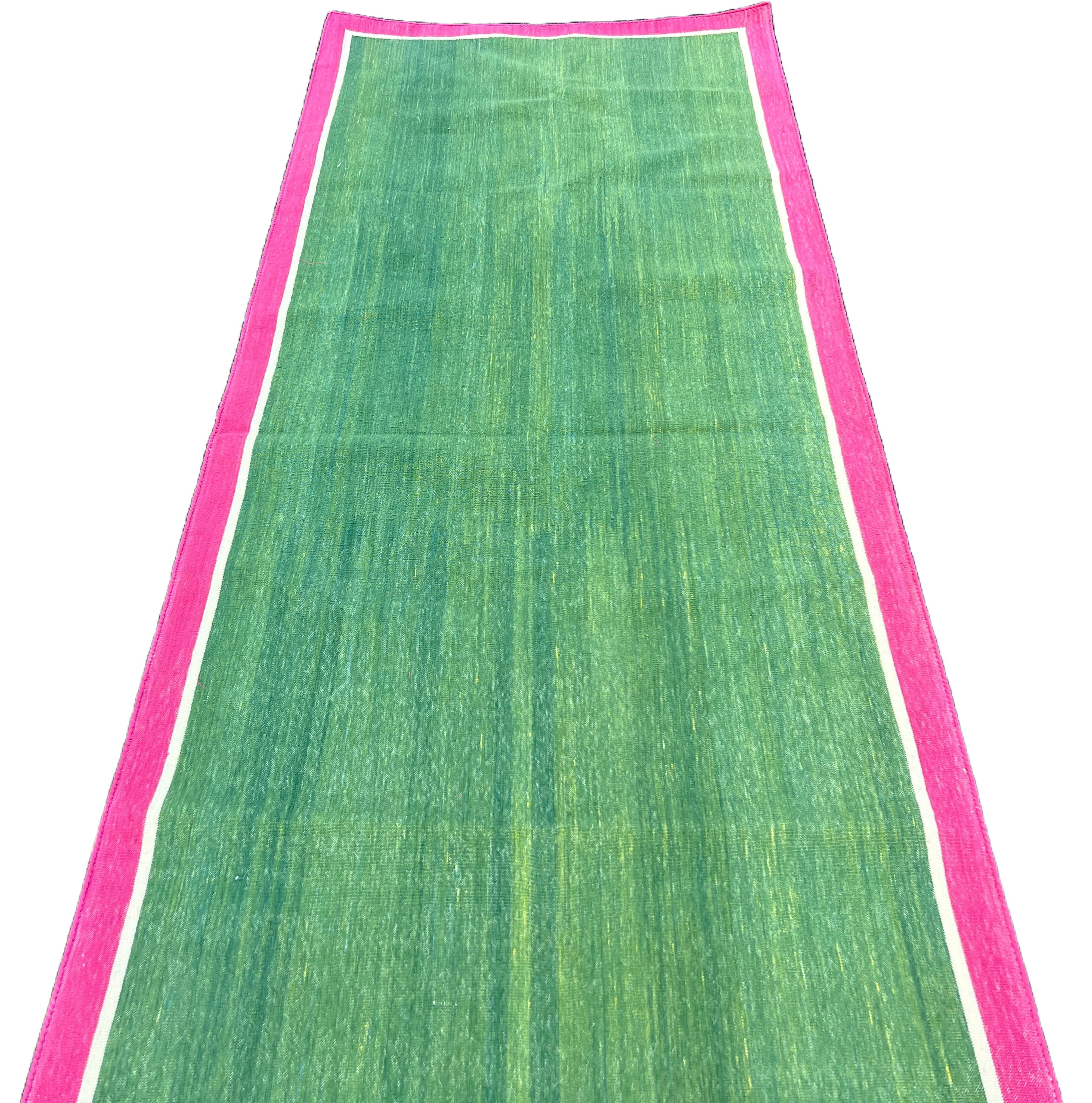 Modern Handmade Cotton Green, Cream And Raspberry Pink Empty Field Runner-6758