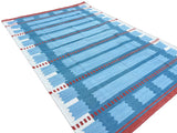 Modern Handmade Cotton Flat Weave Blue, Cream And Red Geometric Rug-6774