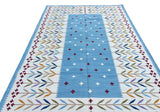 Modern Handmade Cotton Area Flat Weave Rug, Sky Blue And Cream Leaf Indian Dhurrie-6779