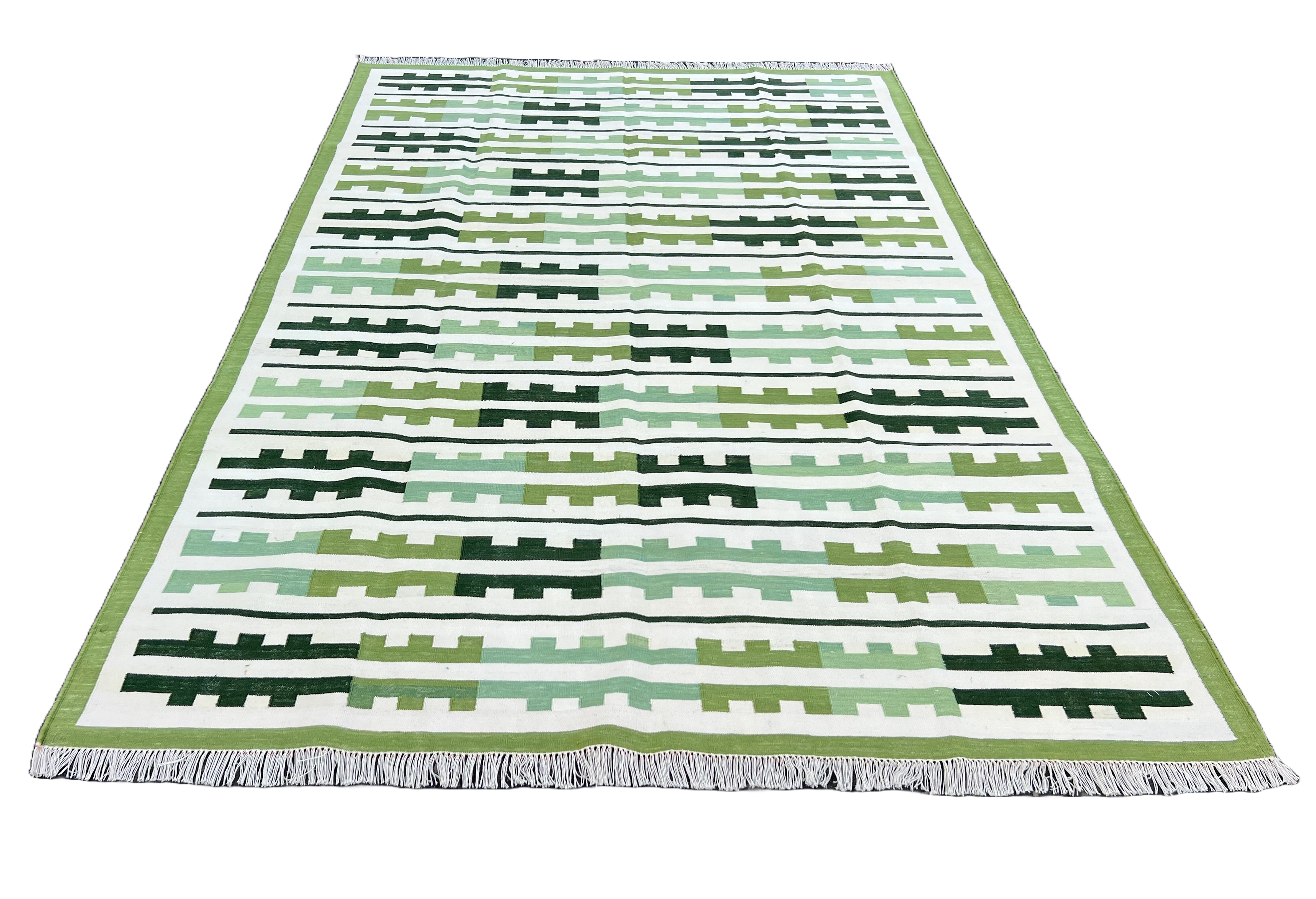 Modern Handmade Cotton Green And Cream Marianne Striped Rug-6757