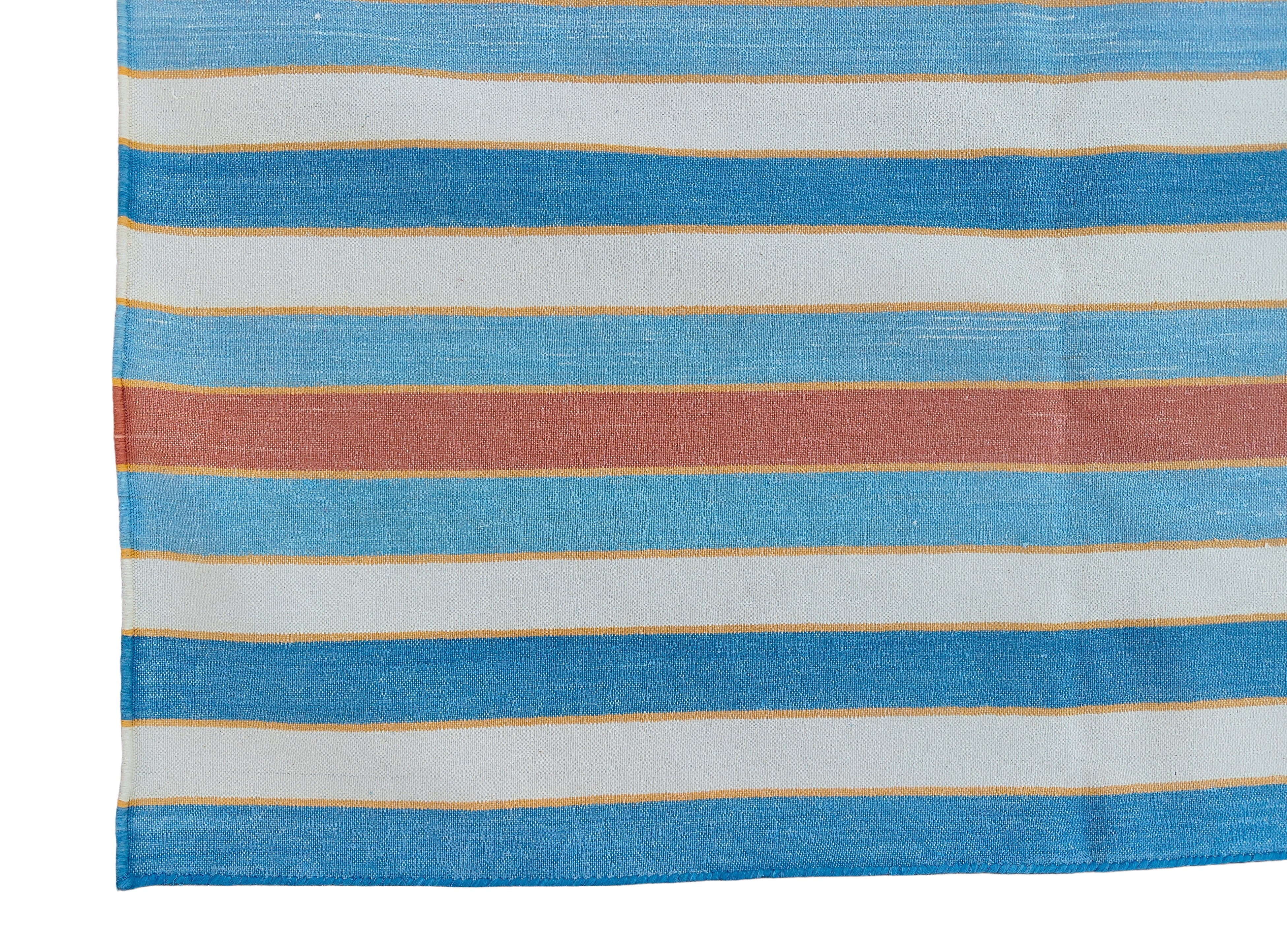 Modern Handmade Cotton Area Rug, Sky Blue, Red And Yellow Striped Indian Dhurrie -6783