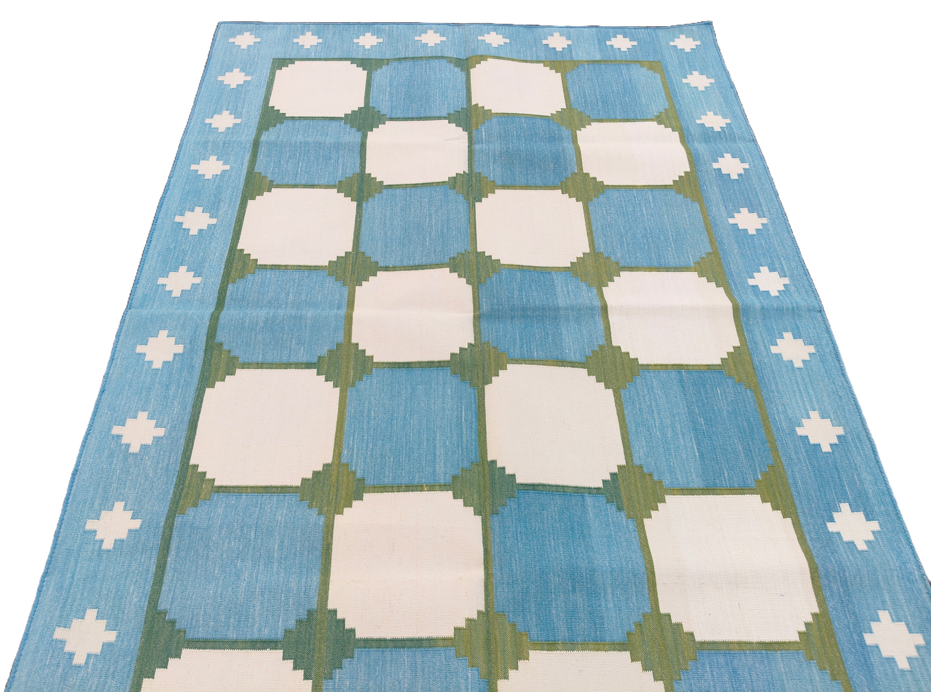 Modern Handmade Cotton Rug, 4x6 Sky Blue And Green Tile Swedish Rug-6782