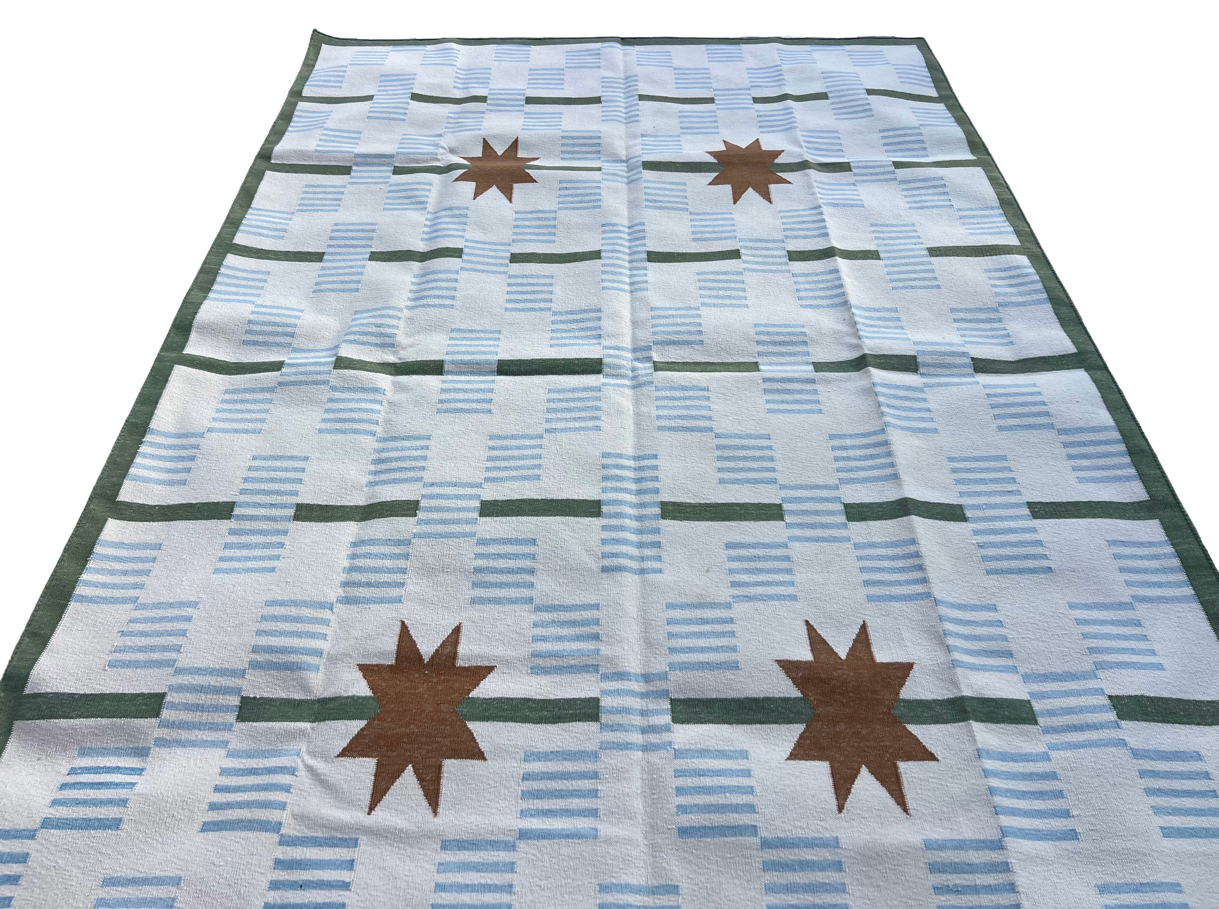 Modern Handmade Cotton Rug, 5'x8' Sky Blue, Sage Green And Cream Star And Dash Striped Rug-6811