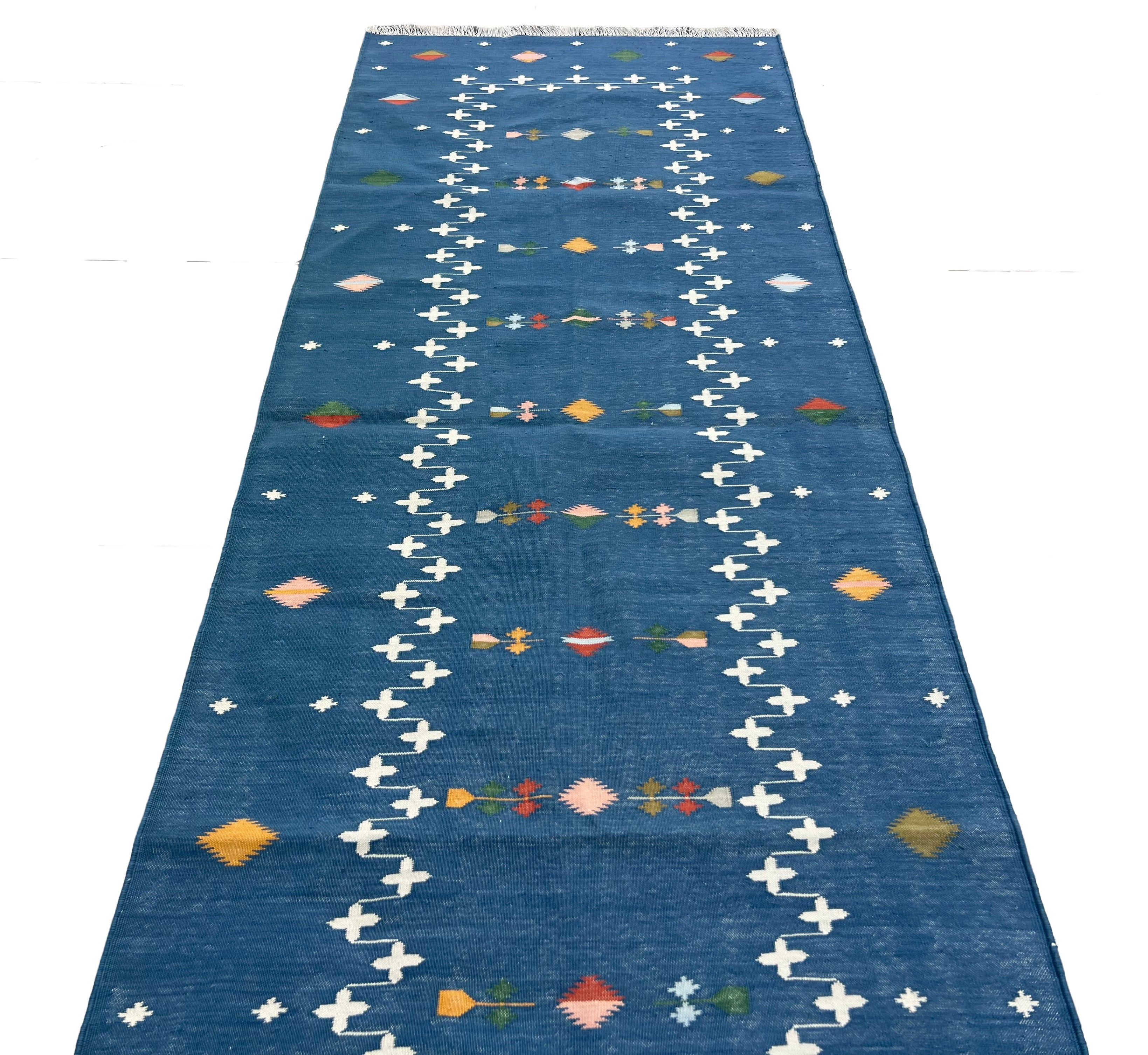 Modern Handmade Cotton Indigo Blue Shooting Star Dhurrie Runner-6815