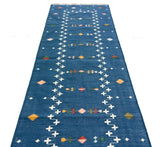 Modern Handmade Cotton Indigo Blue Shooting Star Dhurrie Runner-6815