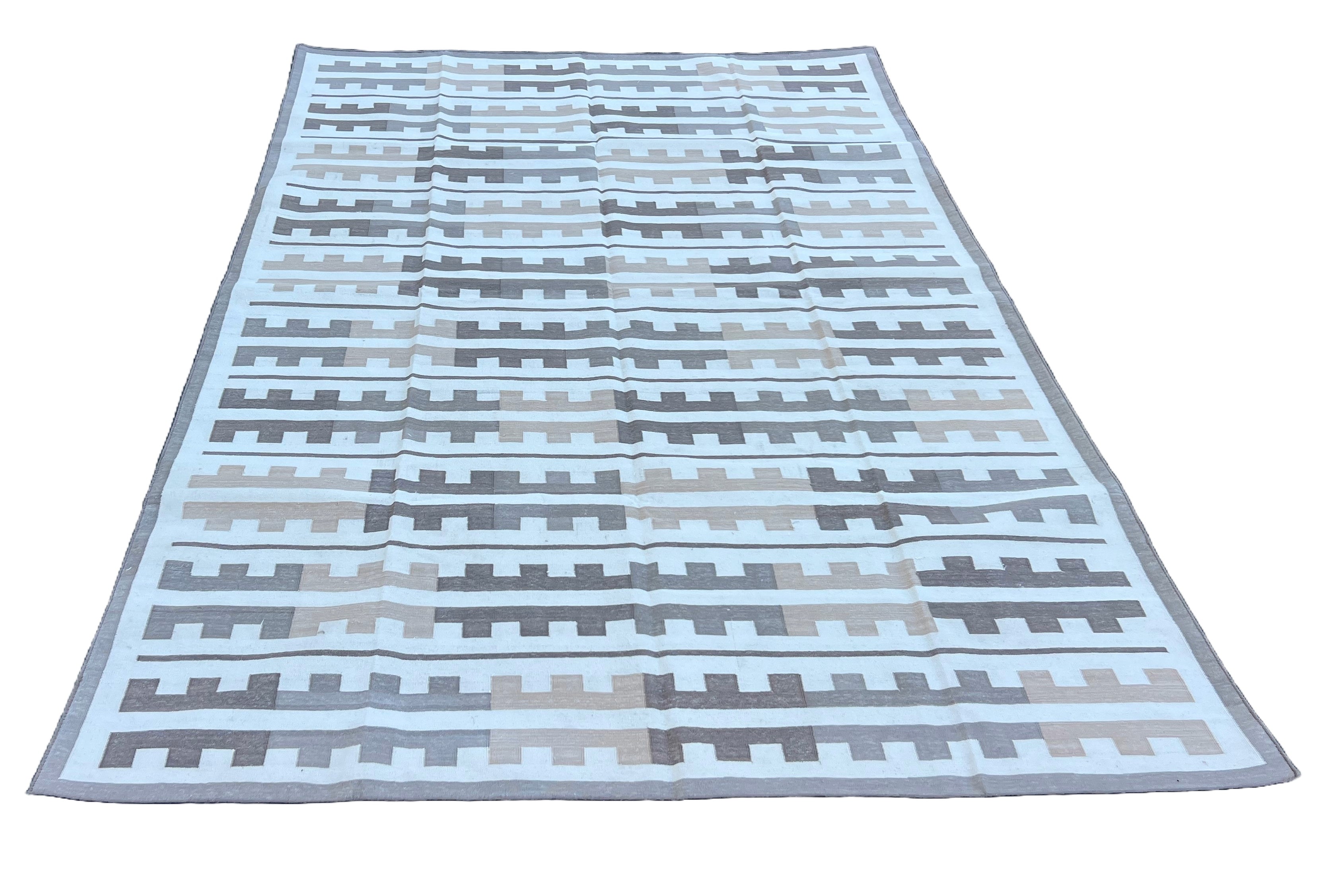 Modern Handmade Cotton Beige And Cream Marianne Striped Indian Dhurrie Rug-6767