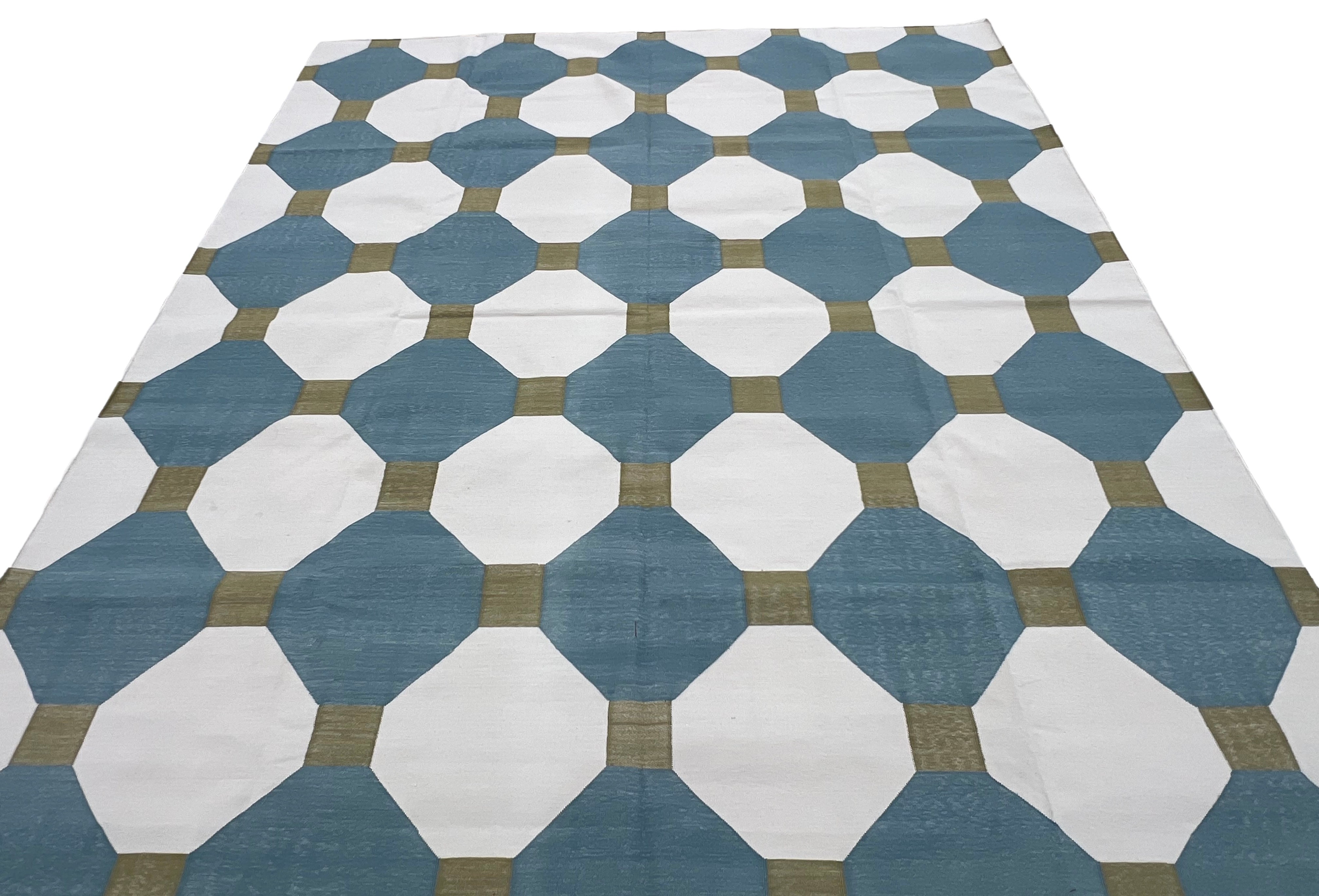 Modern Handmade Cotton Teal Blue, Cream And Olive Green Tile Area Rug-6842