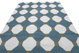 Modern Handmade Cotton Teal Blue, Cream And Olive Green Tile Area Rug-6842