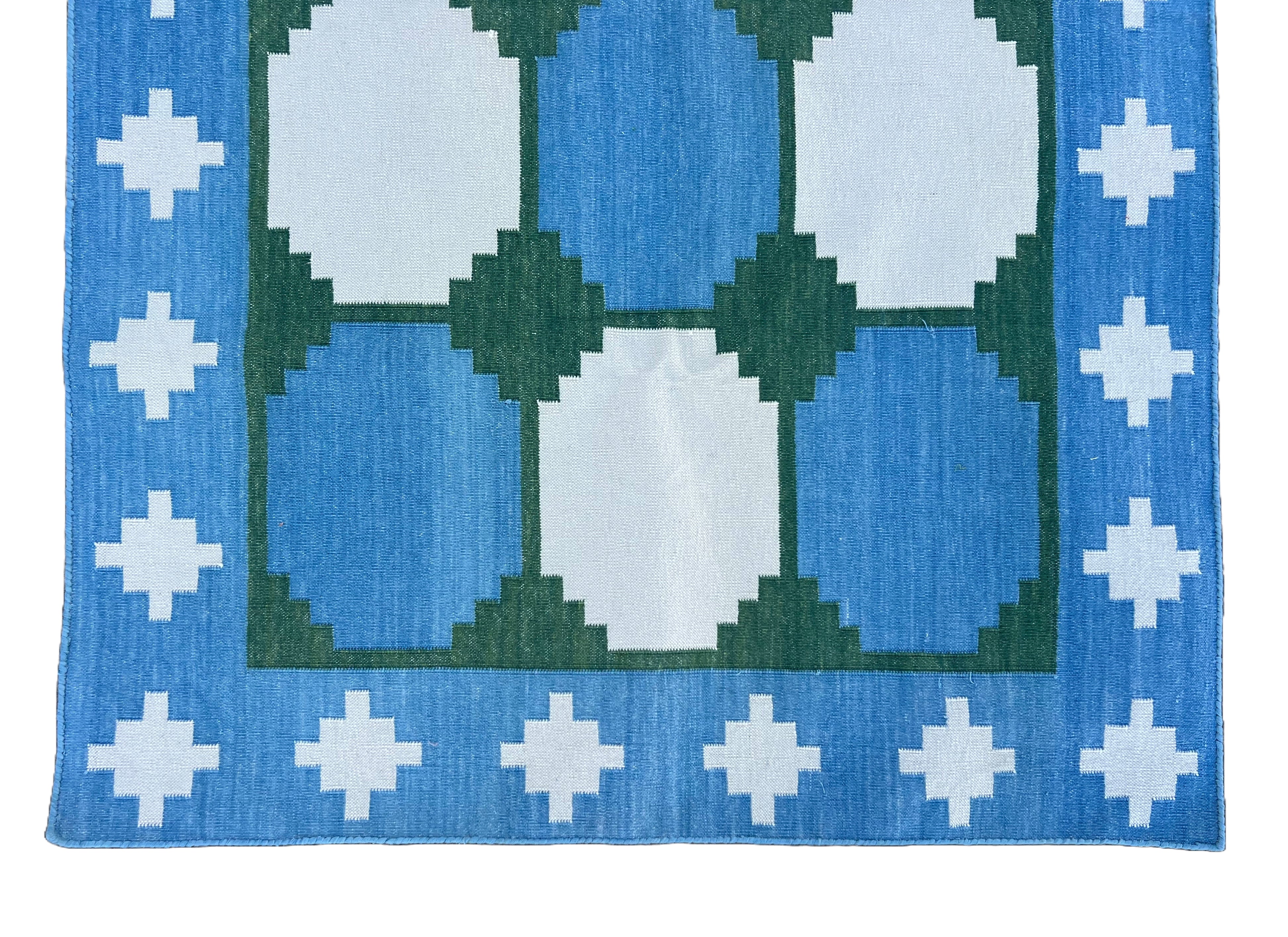 Modern Handmade Cotton Sky Blue, Cream And Green Tile Swedish Runner-6561