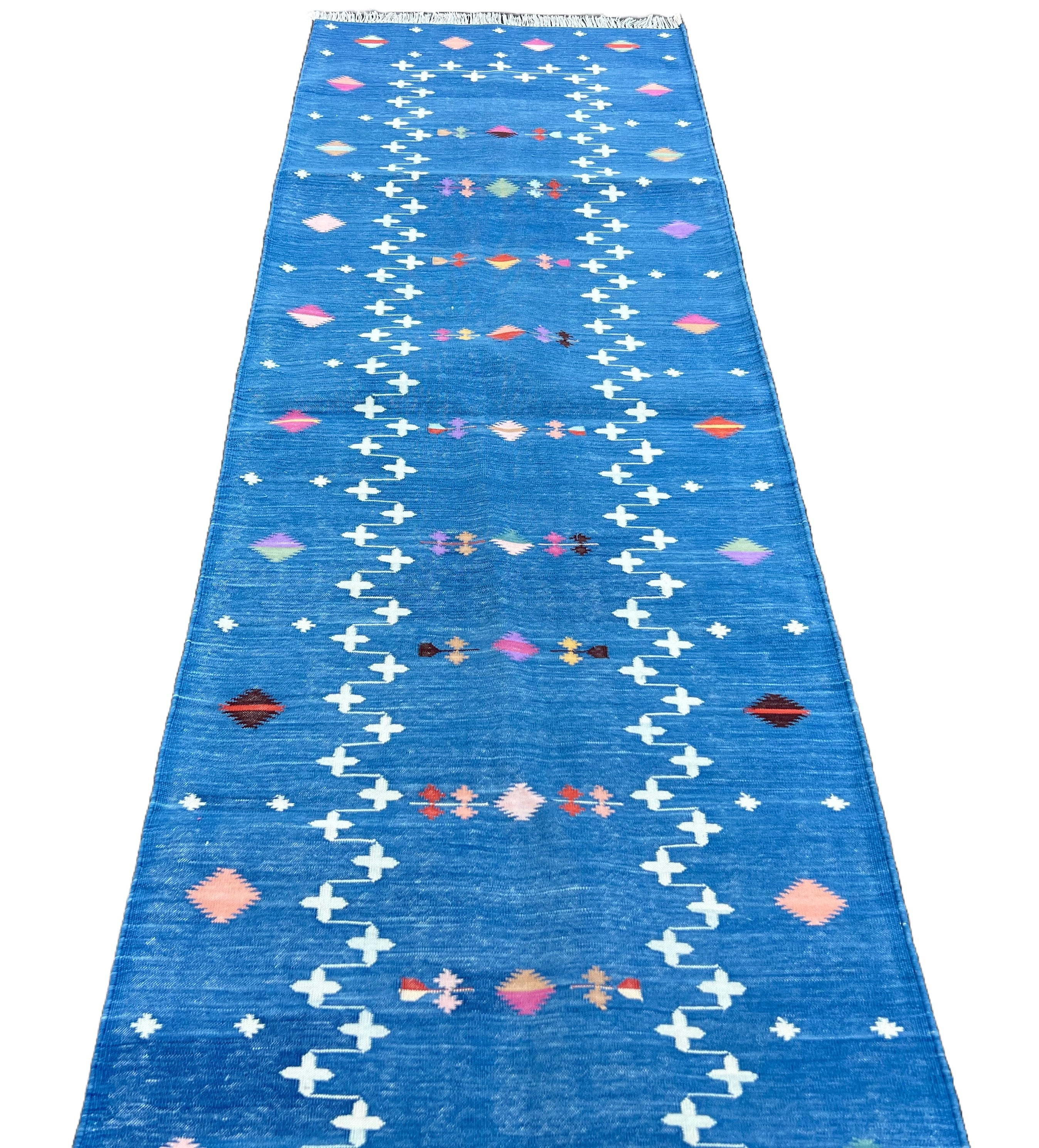 Modern Handmade Cotton Indigo Blue Shooting Star Dhurrie Runner-6772