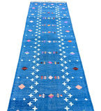 Modern Handmade Cotton Indigo Blue Shooting Star Dhurrie Runner-6772