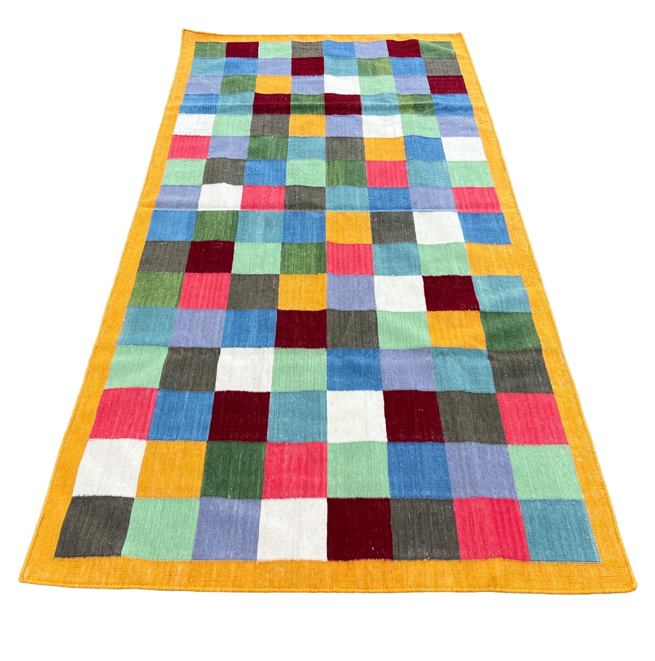 Modern Handmade Woolen Rug, 4x8 Multicolor Checked Dhurrie Runner -6785