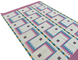 Modern Handmade Cotton Rug, 5x7 Pink And Cream Geometric Rug-6781