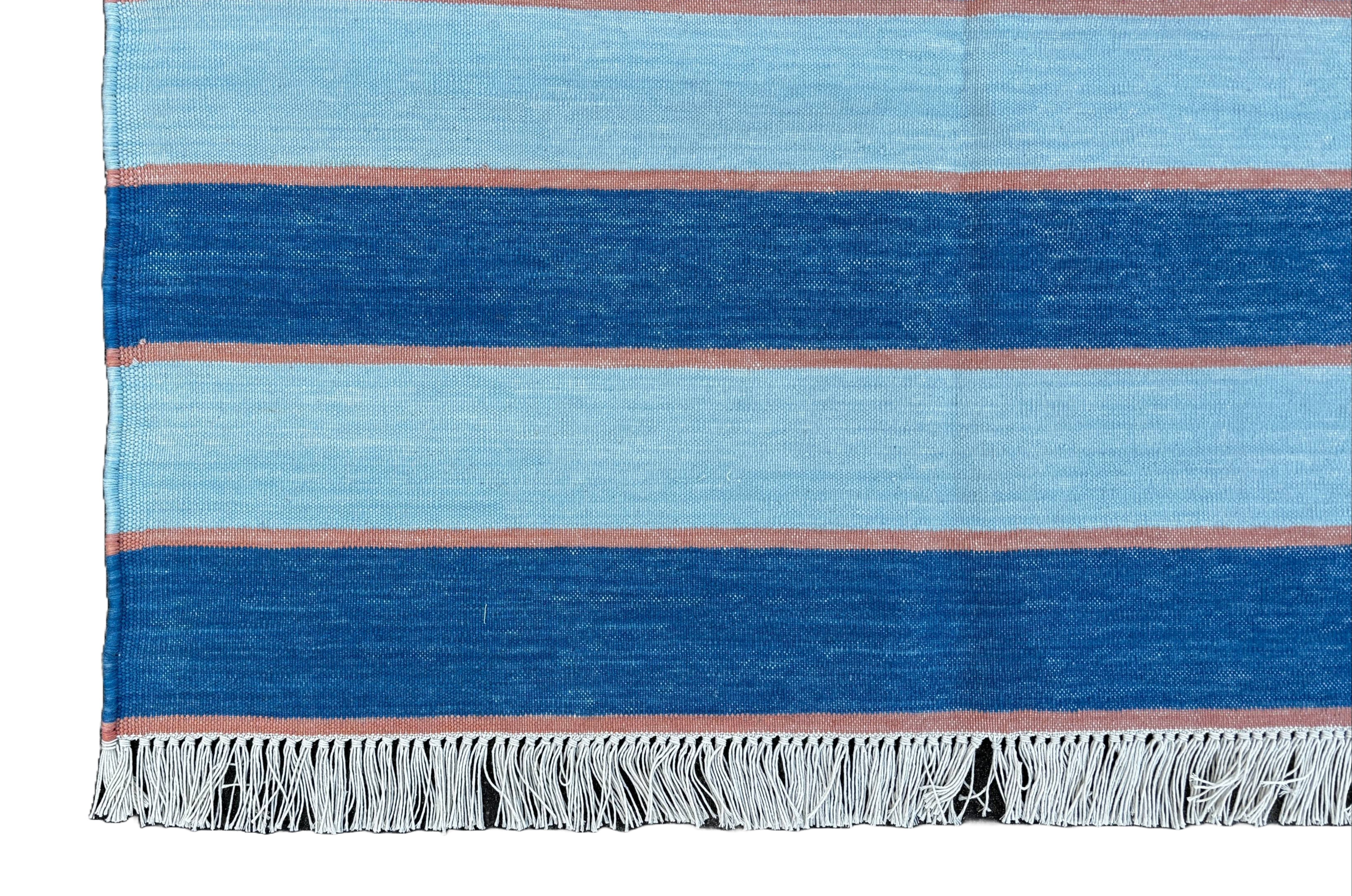 Modern Handmade Cotton Blue And Orange Striped Area Rug-6765