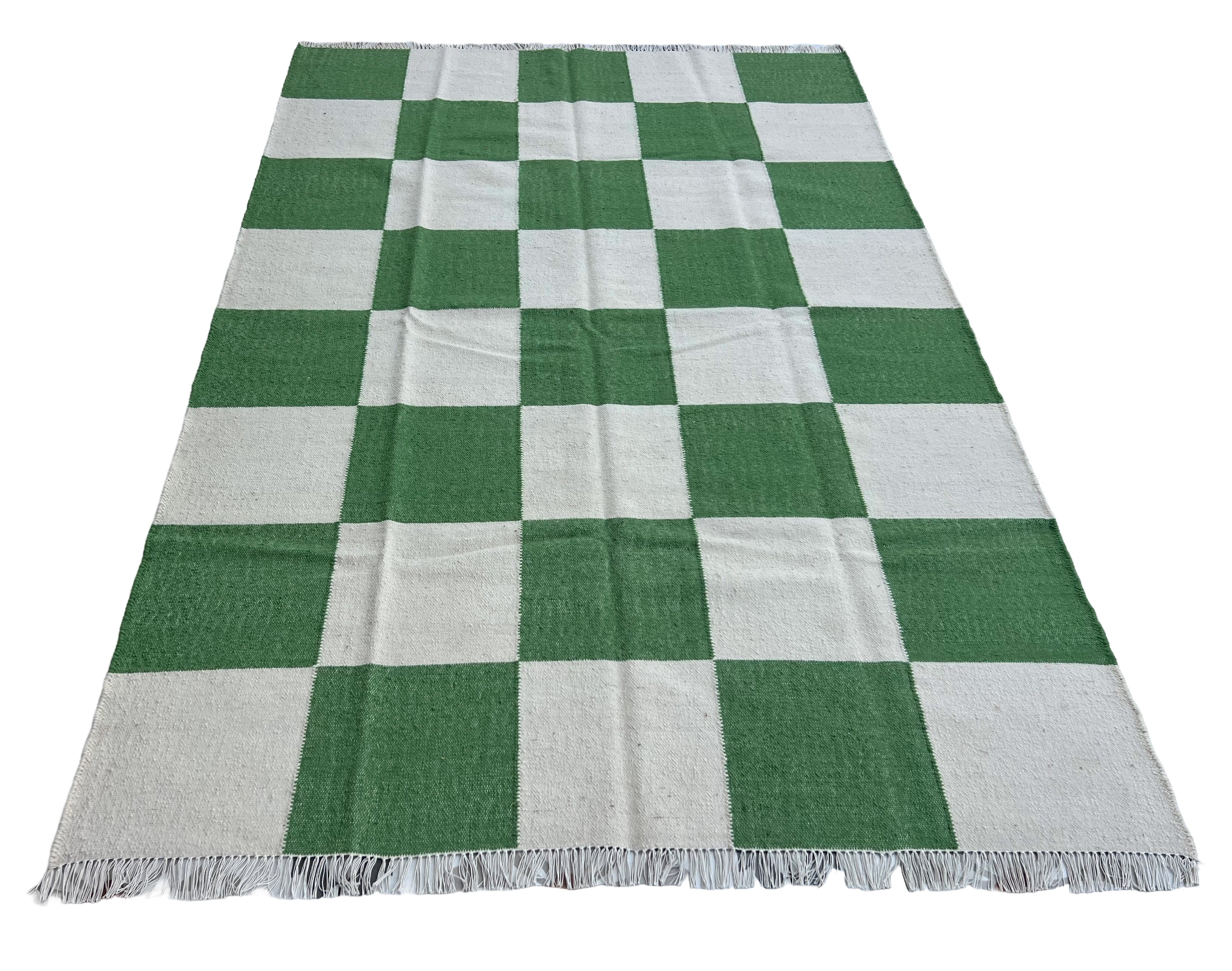Modern Handmade New Zealand Wool Moss Green And Cream Checker Board Area Rug-6828