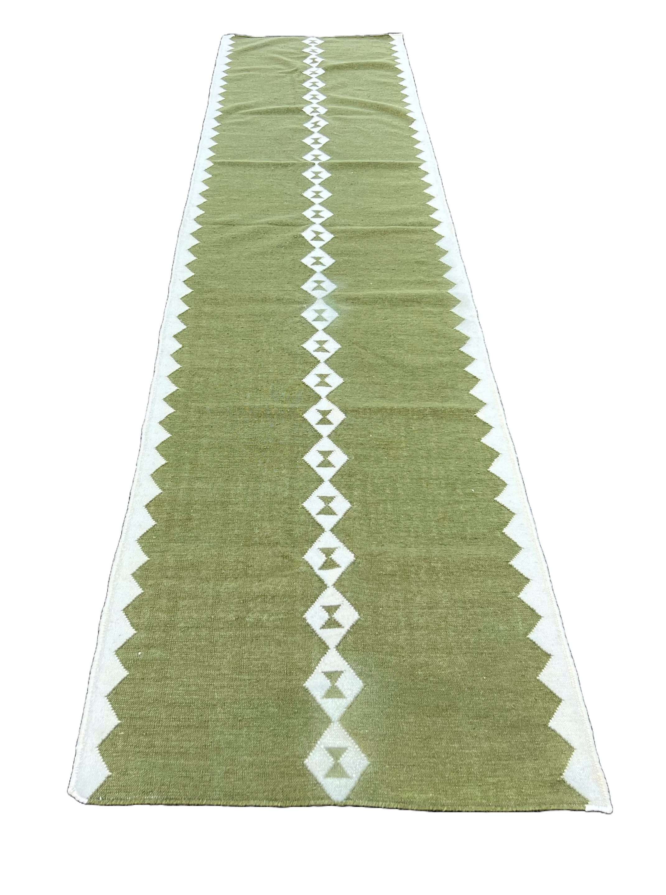 Modern Handmade New Zealand Wool Dark Olive Green And White Geometric Runner-6756