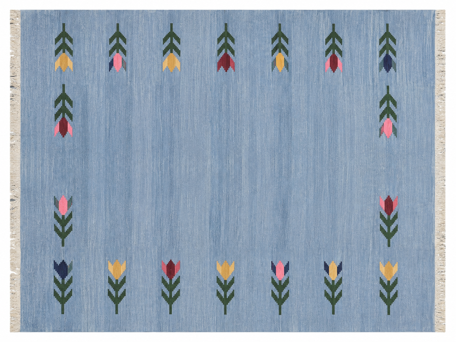 Modern Handmade Cotton Sky Blue Leaf Patterned Area Rug-6839