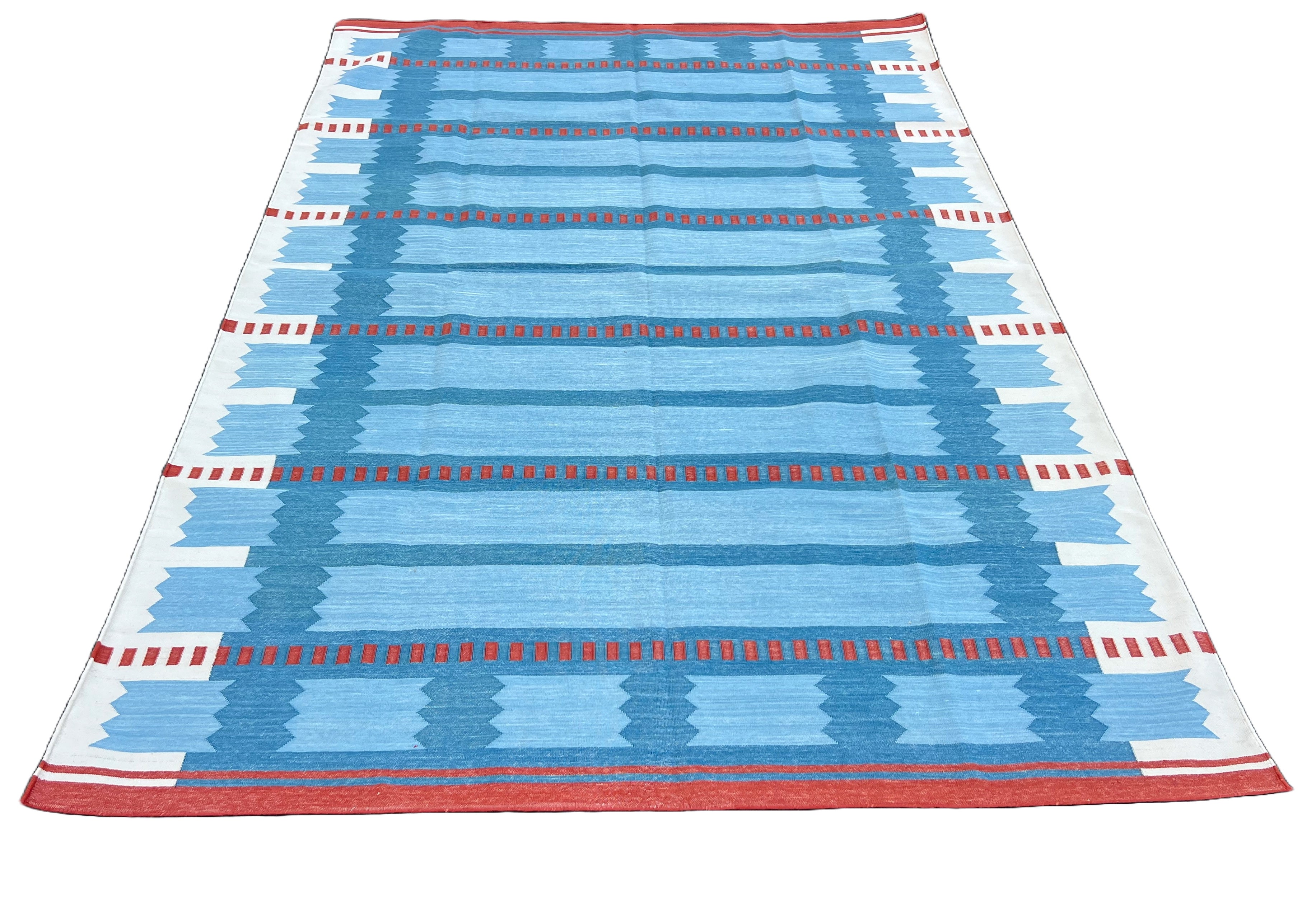 Modern Handmade Cotton Flat Weave Blue, Cream And Red Geometric Rug-6774