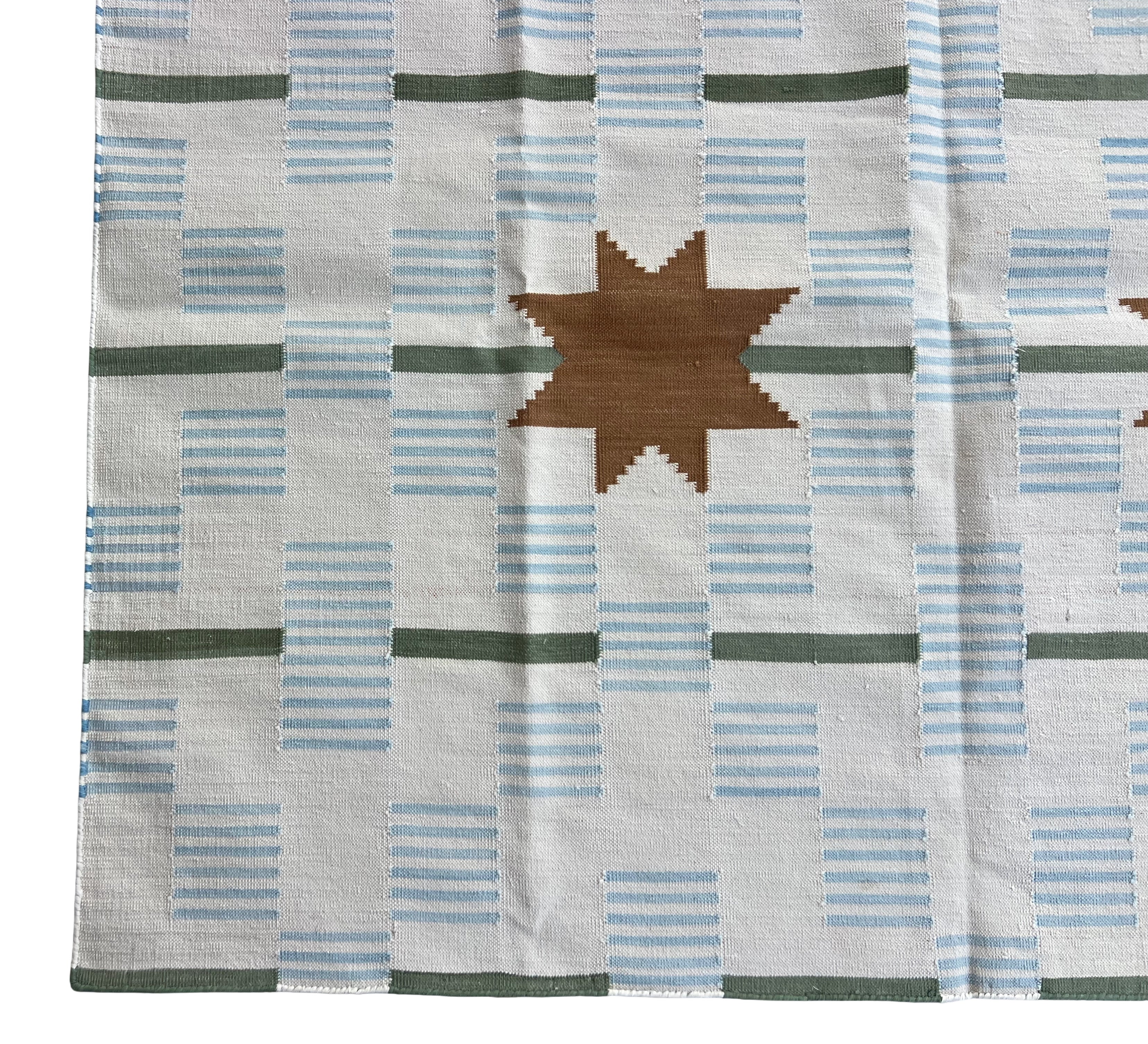 Modern Handmade Cotton Rug, 5'x8' Sky Blue, Sage Green And Cream Star And Dash Striped Rug-6825