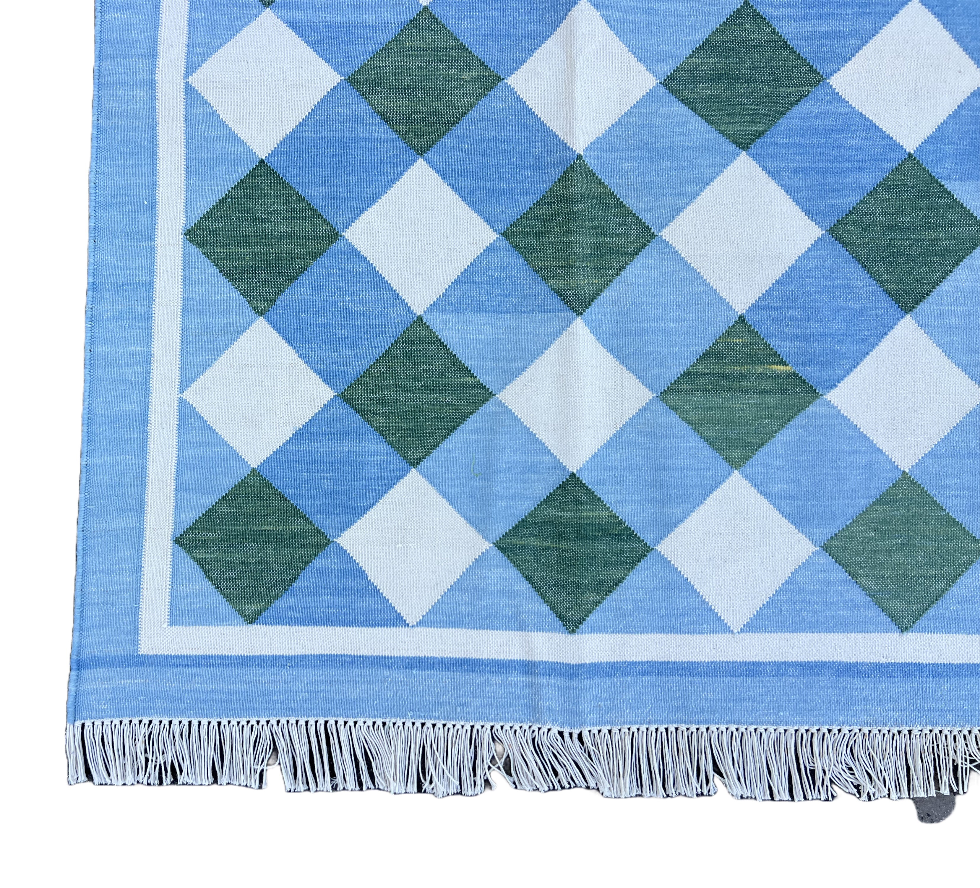 Modern Handmade Cotton Sky Blue, Cream And Forest Green Checked Rug-6760