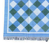 Modern Handmade Cotton Sky Blue, Cream And Forest Green Checked Rug-6760