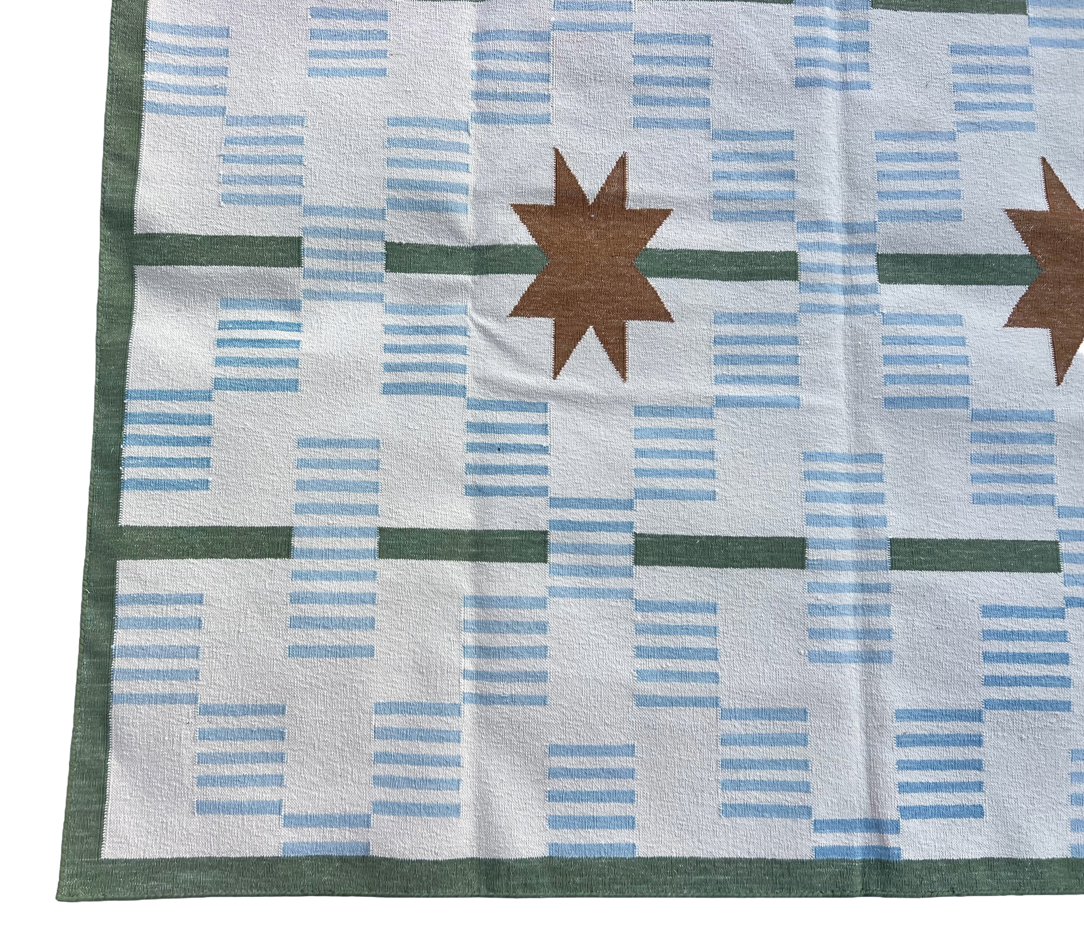Modern Handmade Cotton Rug, 5'x8' Sky Blue, Sage Green And Cream Star And Dash Striped Rug-6811