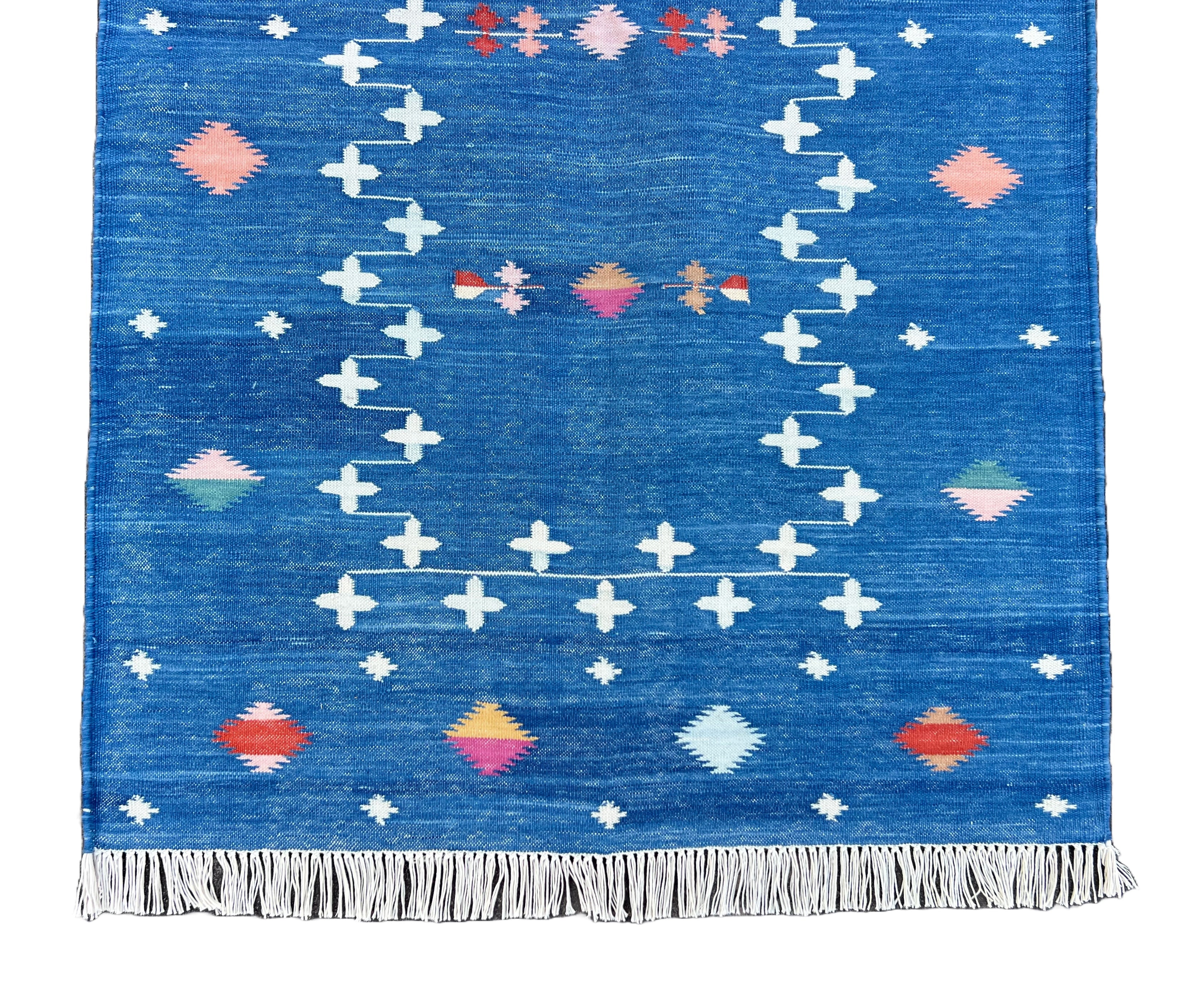 Modern Handmade Cotton Indigo Blue Shooting Star Dhurrie Runner-6772